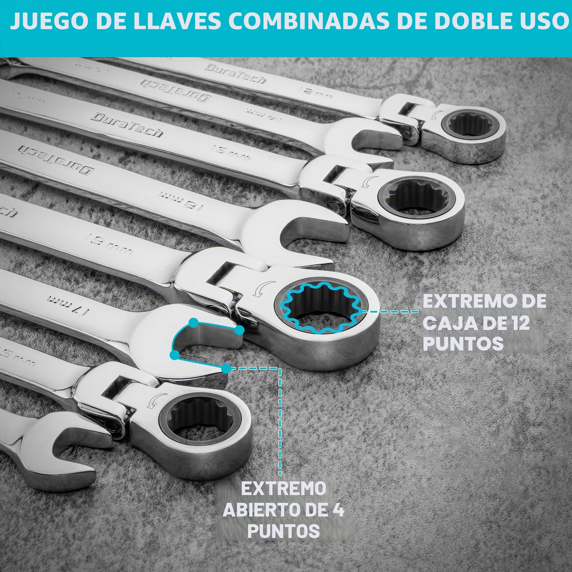 DURATECH Juego de llaves de carraca con cabeza flexible de 12 piezas, 72 dientes, sistema métrico, 8-19 mm, acero al cromo-níquel, organizadas en maletín de almacenamiento
