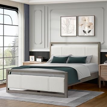 extrasleep Queen Size Upholstered Headboard Bed Frame Wood Bed, Solid Wood Upholstered Bed Frame, Ivory Boucle Fabric Headboard, No Box Spring Needed Easy Assembly Platform Bed, Grey+Ivory