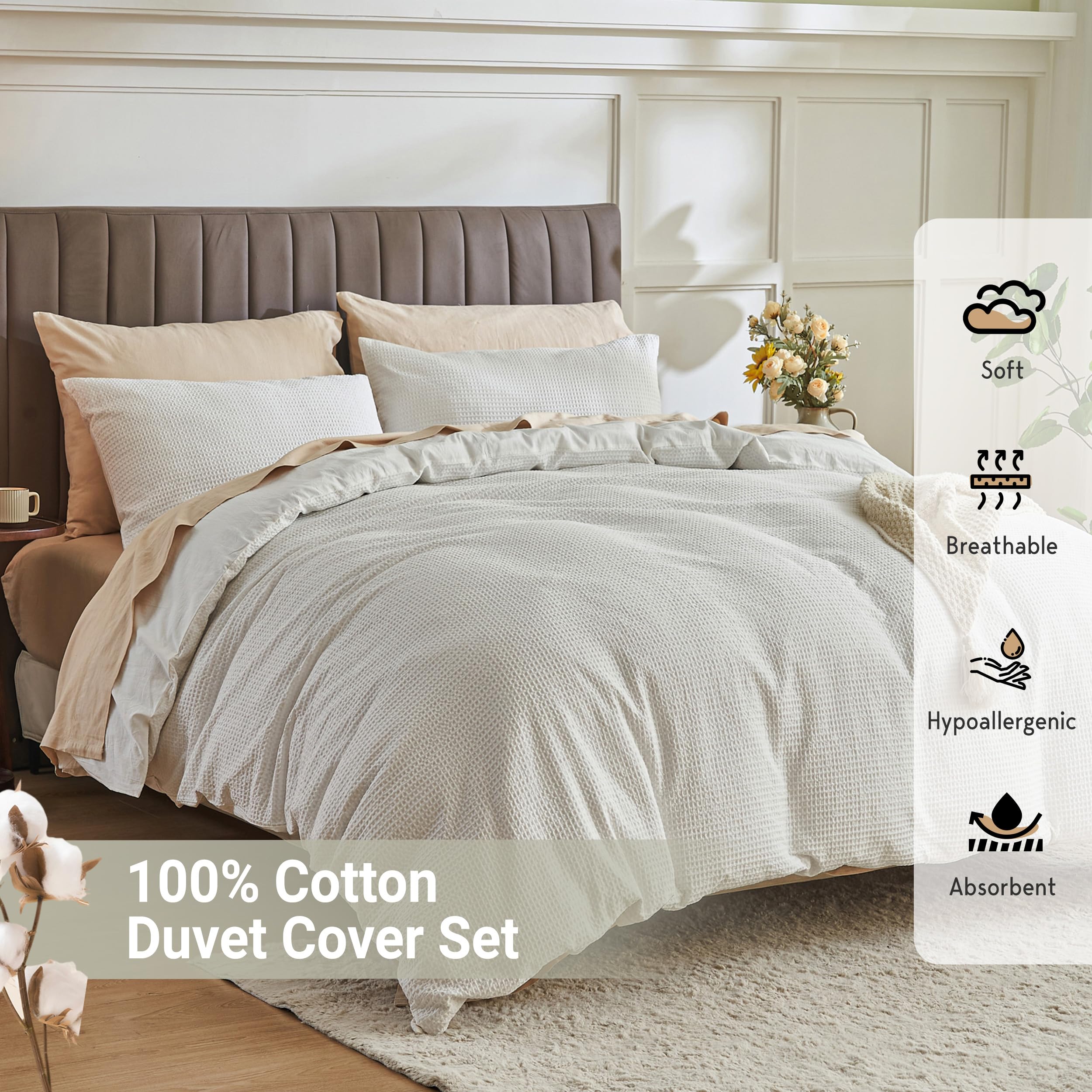 Simple&Opulence Waffle Duvet Cover Double Size, 100% Cotton Waffle Bedding with 2 Pillowcases - Image 3