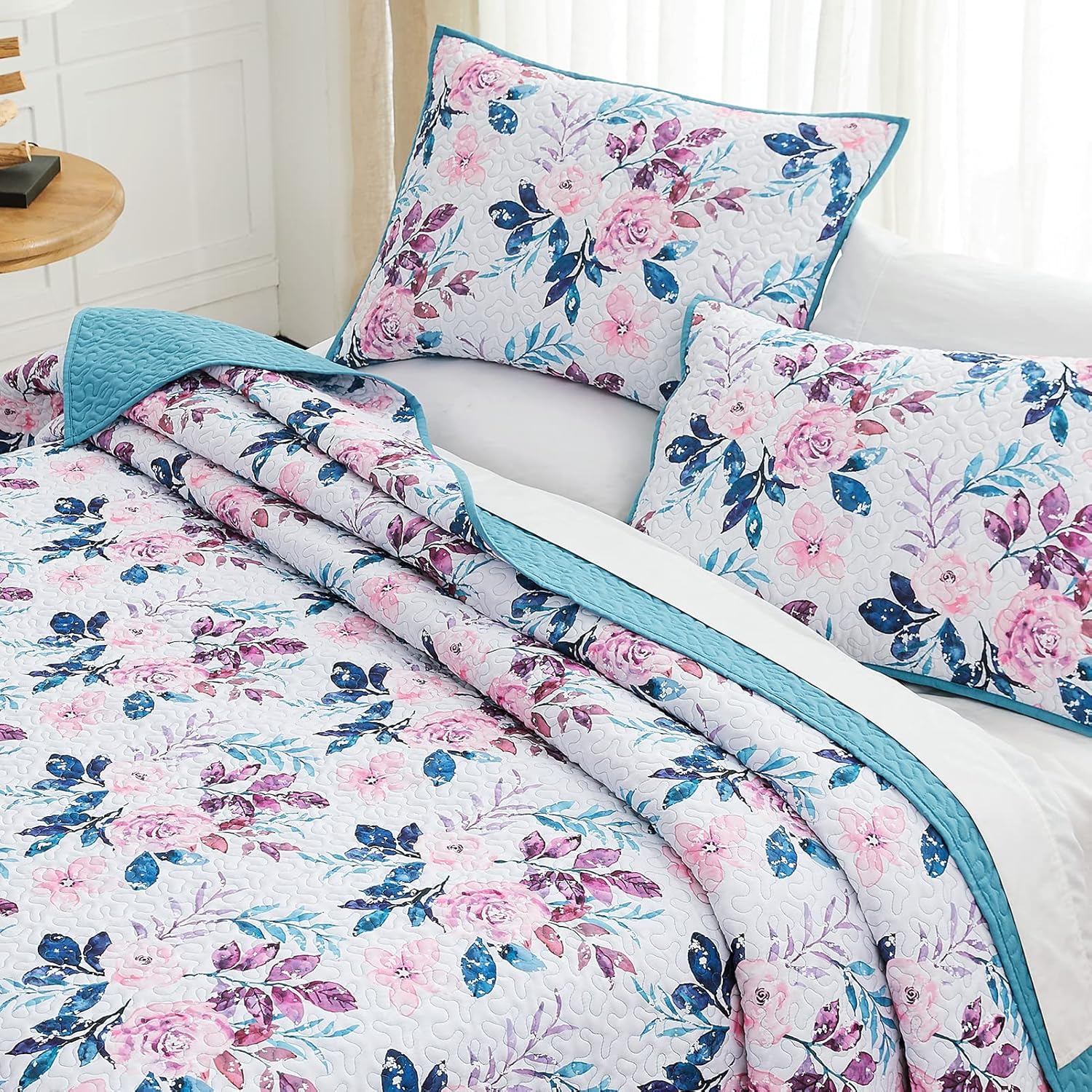 WRENSONGE Floral Quilt King Size - Reversible Botanical Flower Quilt Bedding Set Lightweight Bedspread Soft Coverlet for All Seasons (106"x94")