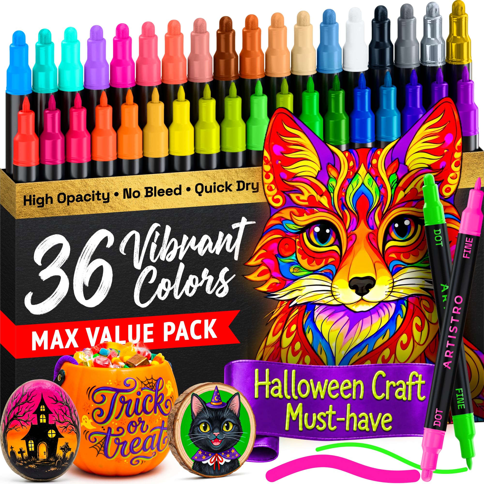 36 Multicolor Dual-Tip Acrylic Paint Marker Pens | For Fabric, Rock, Glass, Wood, Colorin…