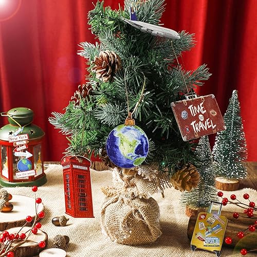 Miniatura 3 de 36 piezas de ornamentos de Navidad de planeta viajeros de madera, globo del mundo, maleta, equipaje, crucero, tabla, letrero del mundo, avión para