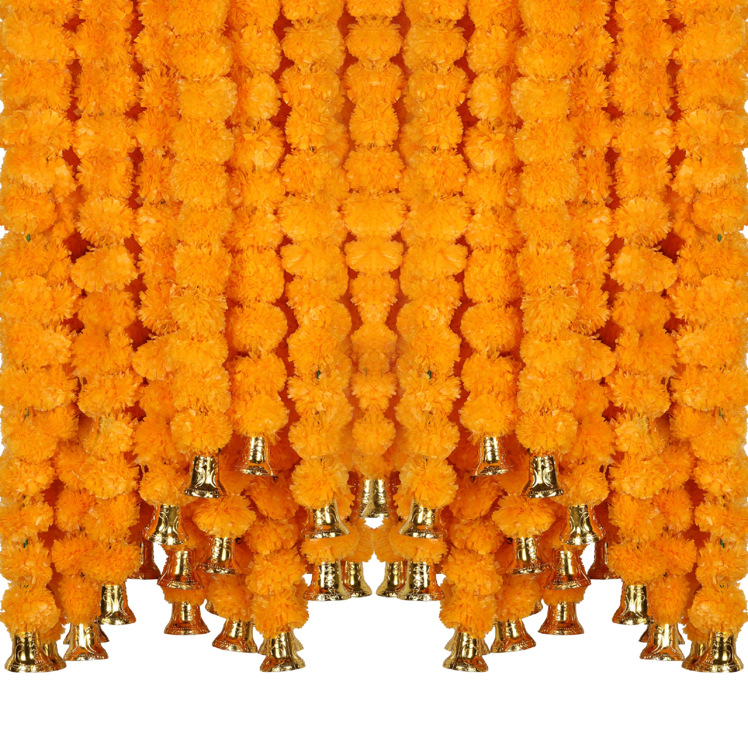 Marubhumi 5-PC Artificial Marigold Flower Garland – 4.5 Feet Long Strands with Bells | Mango Color | Diwali, Wedding, Home, and Christmas Décor