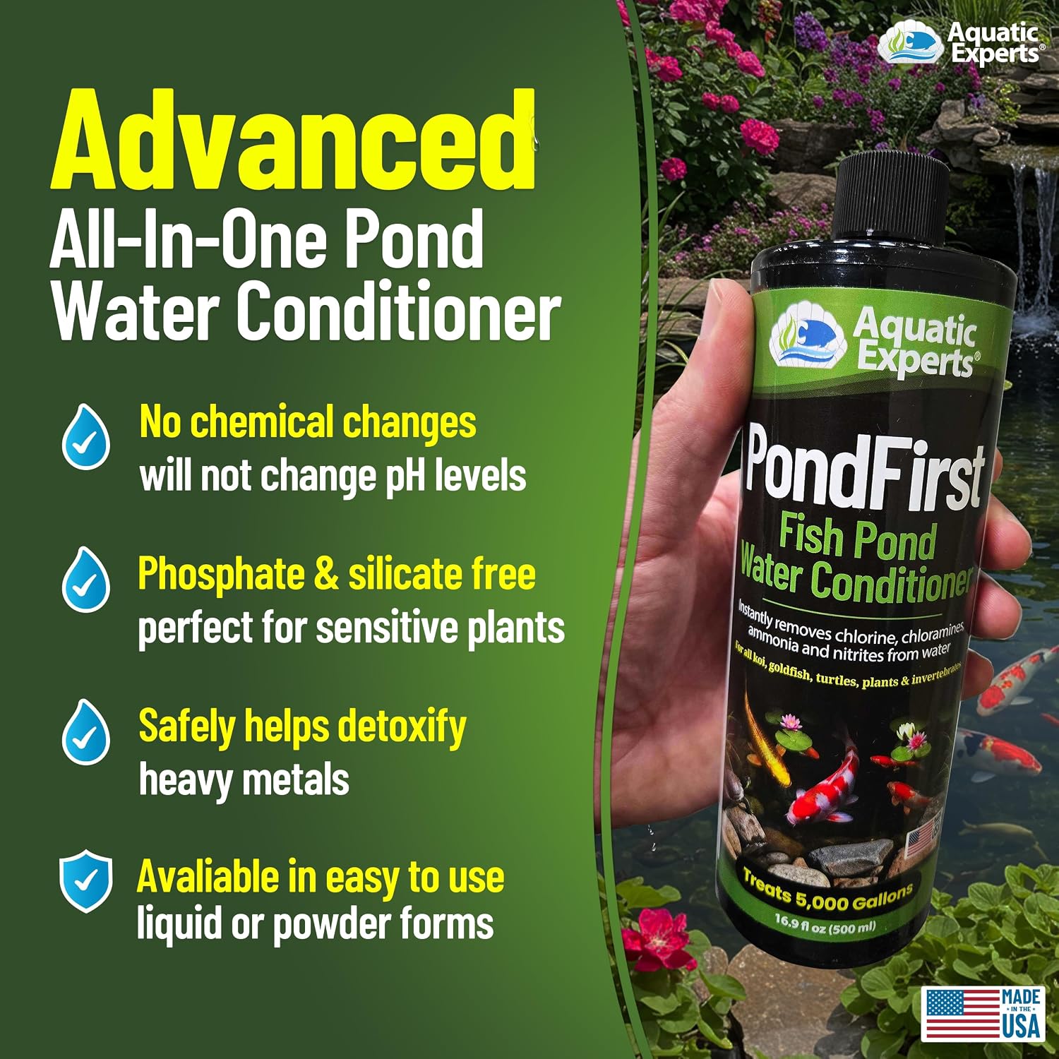 PondFirst Pond Water Conditioner - Concentrated Instant Dechlorinator for Fish Ponds, Makes Water Safe for Koi and Goldfish, Made in The USA, Aquatic Experts (Liquid - 500 ml)