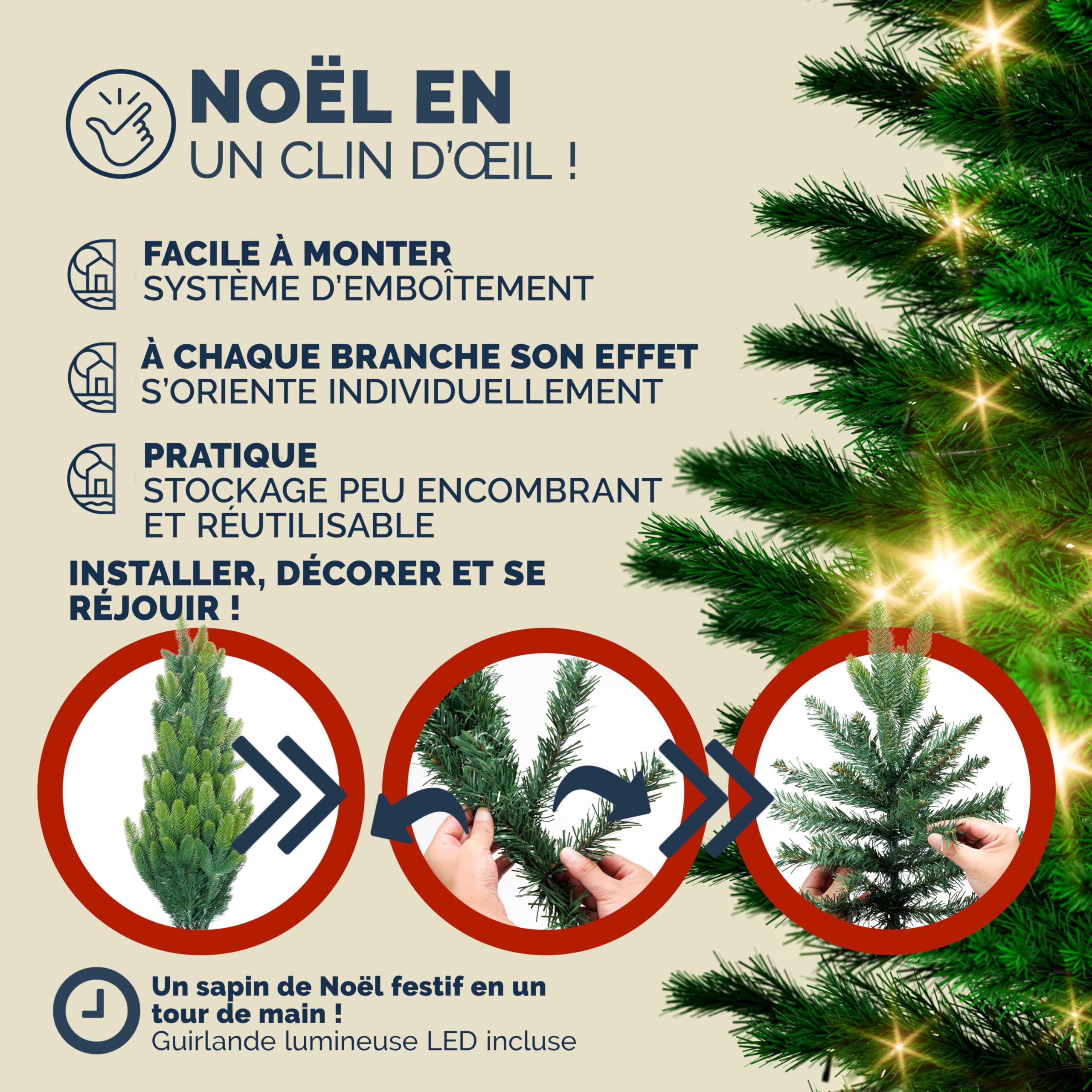 Sapin De Noël Artificiel Vert 180cm Avec 150 Lumineux LED