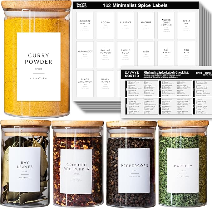 162 Minimalist Spice Jar Labels - Preprinted Spice Stickers - Black Text on White Waterproof Label - Fits Round Bamboo Jars or Rectangular Spice Jars ...