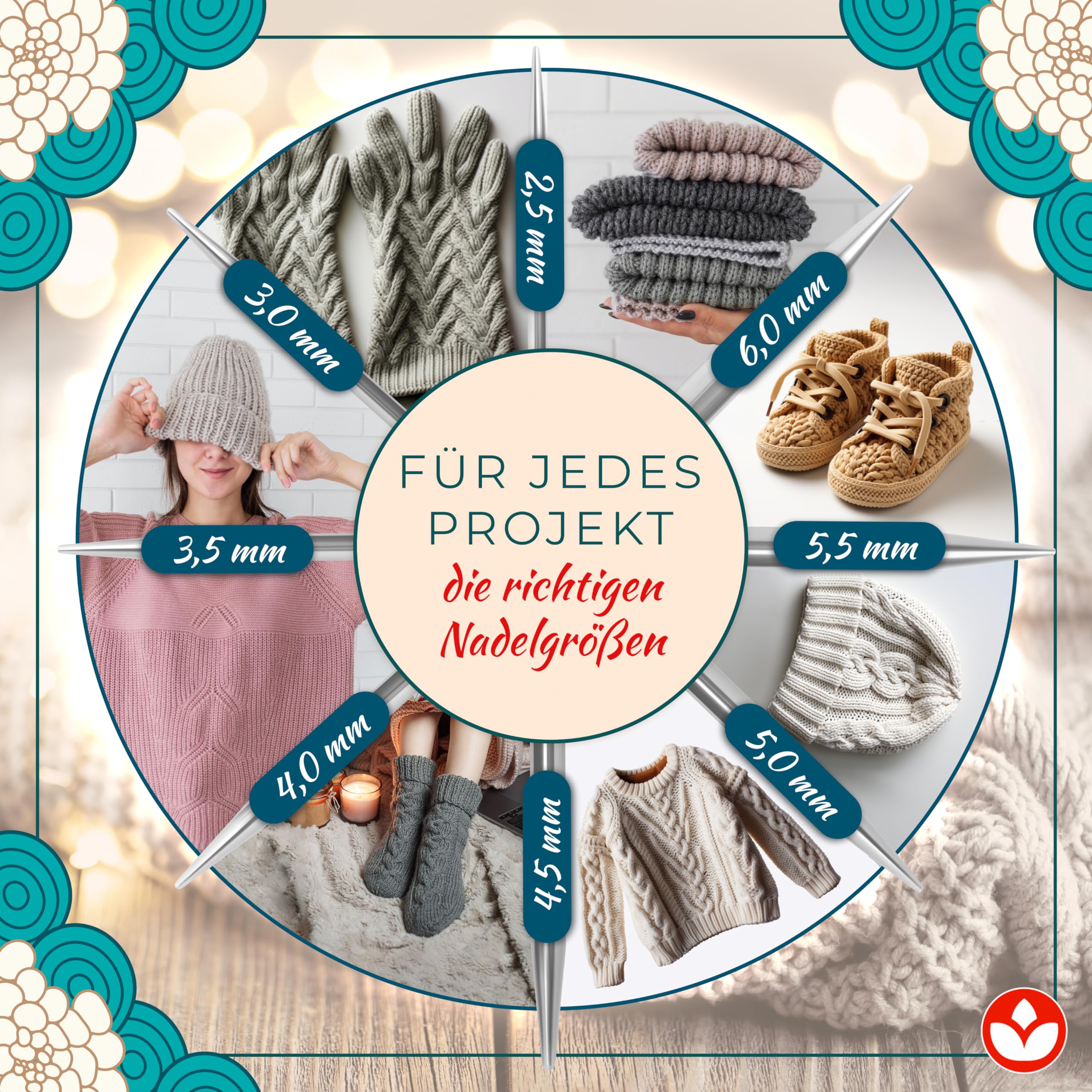 Knitfever® Austauschbares Rundstricknadel-Set - 8 Paar Stricknadeln: 2,5-6 mm - Inkl. Tasche zur Aufbewahrung für Strickbegeisterte