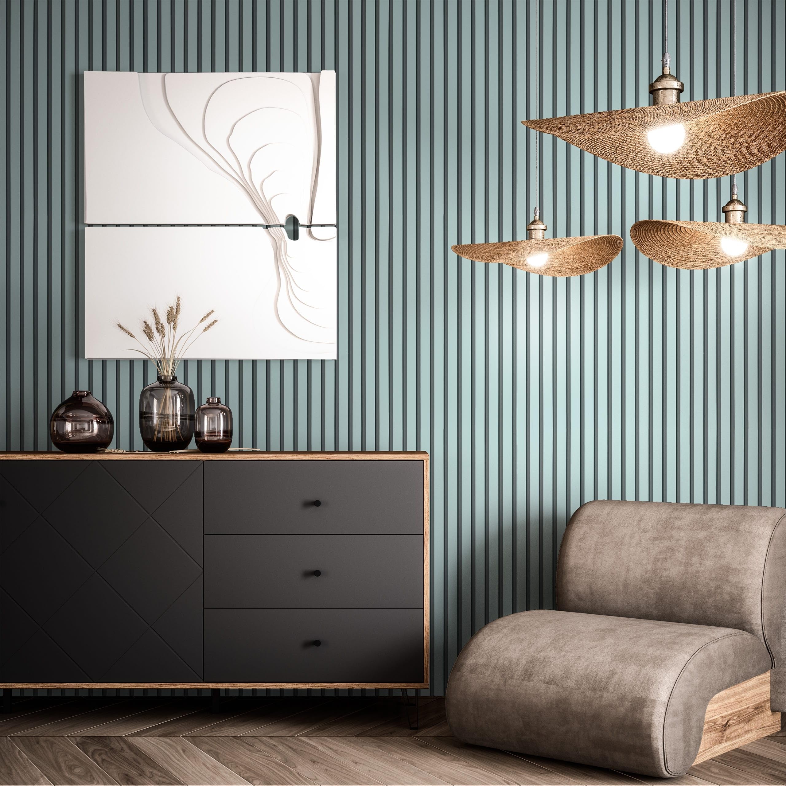 Baker Blue Vlies Holzpaneele Wandverkleidung Skandinavisch Modern Lamellen Wohnzimmer Schlafzimmer