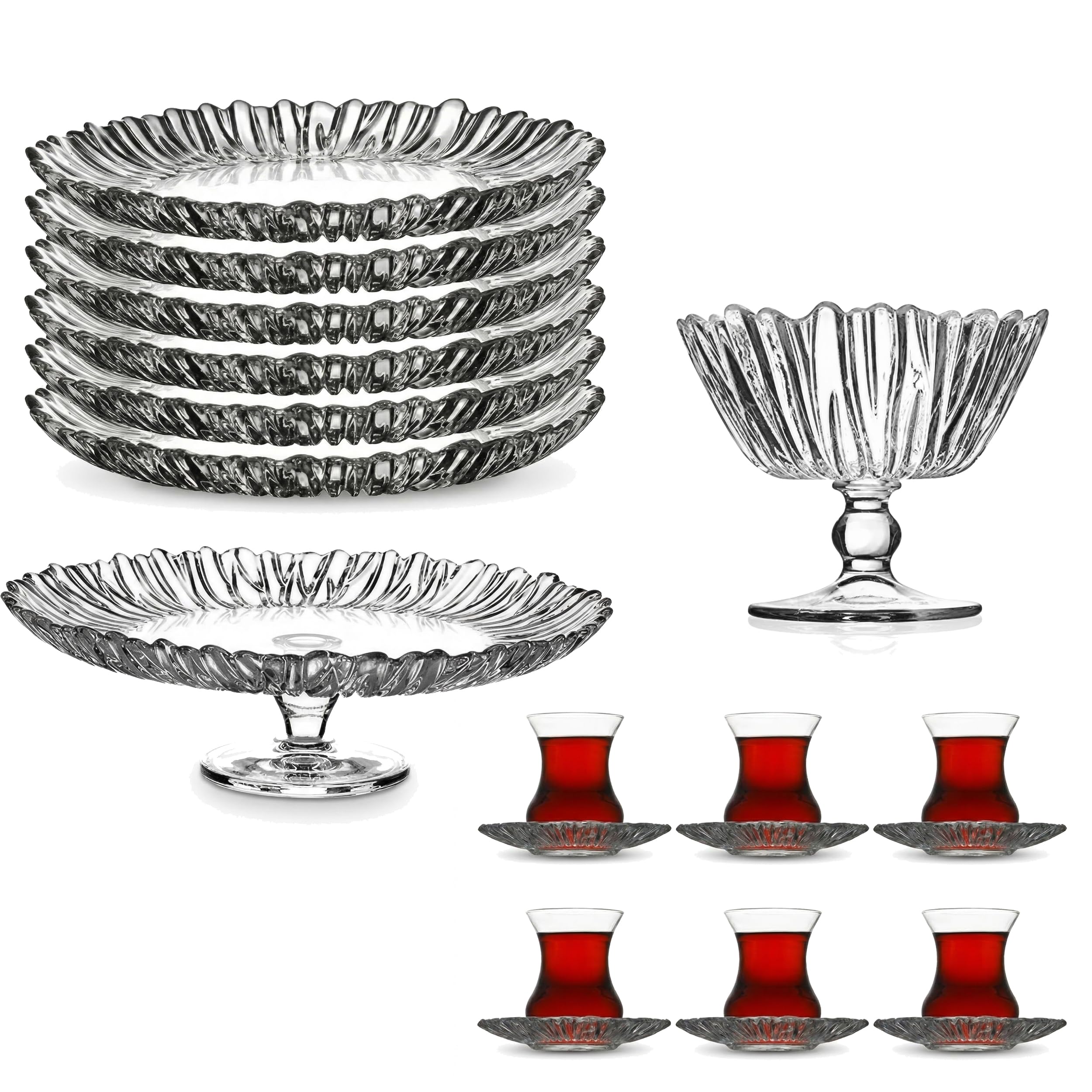 Aurora Servier-Set 20-teilig aus Glas | Elegantes Tee-Service & Kaffeeservice mit Tortenplatte, Etagere, 6 Teegläsern, Untersetzern & Kuchentellern | Spülmaschinenfest | Transparentes Design