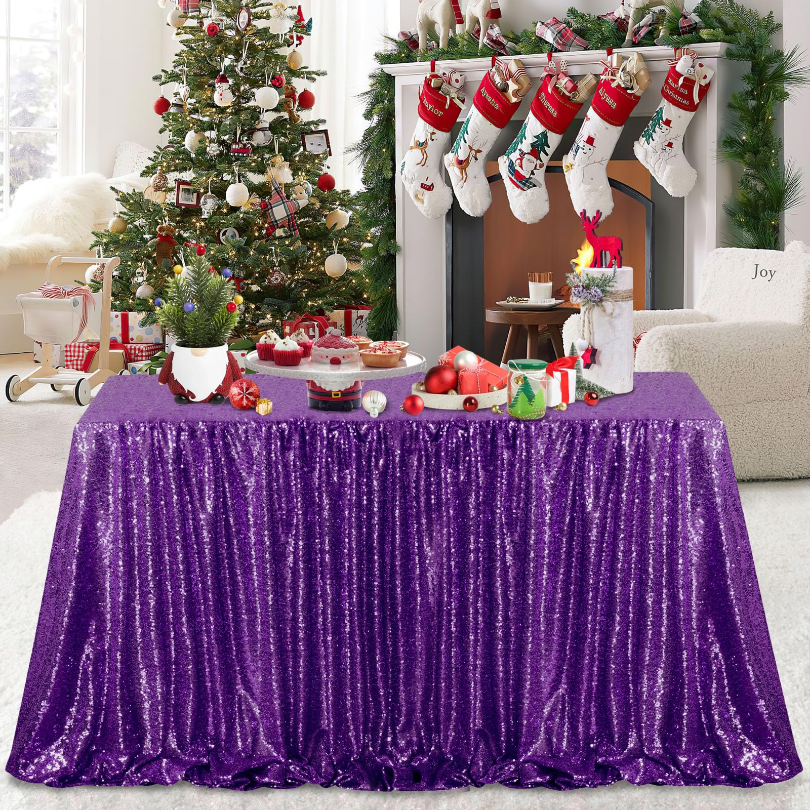 QueenDream Sequin Tablecloth 60"x102" Purple Tablecloth Glitter Party Table Cloth Overlay for Wedding Birthday Decorations