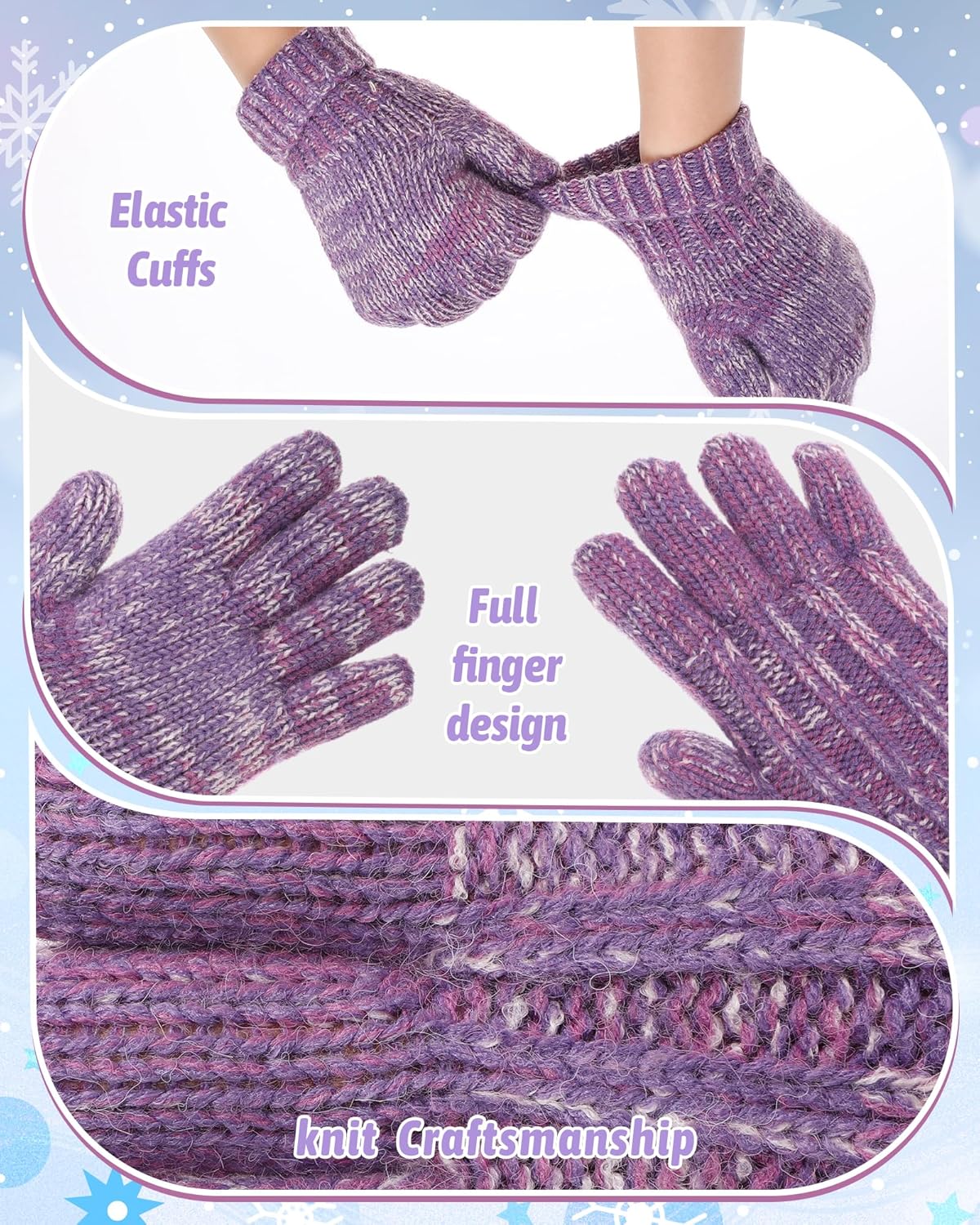 Geyoga 2 Pairs Kids Warm Gloves Winter for Girls Boys 2-8 Thermal Wool Fleece Lined Gloves Toddler Thick Thermal Knit Mittens for Cold Weather Supplies, Cute Rose Red and Purple - Image 4