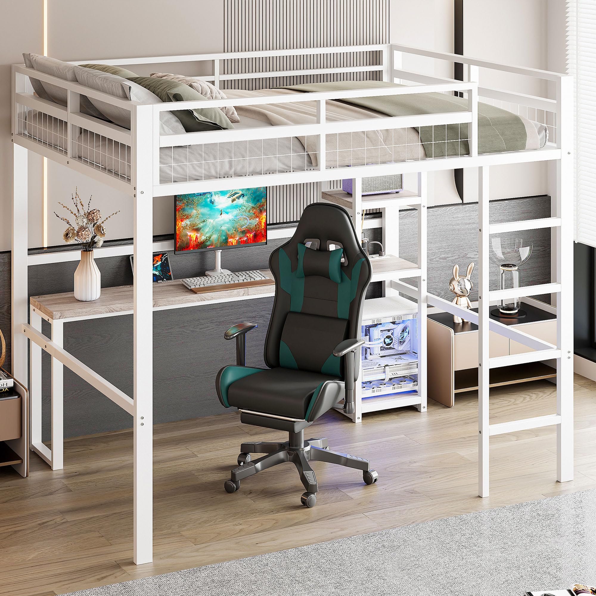 Kebnor Cama alta de 140 x 200 cm, marco de hierro, varios estantes, escritorio con enchufe, barandilla, escalera blanca (sin colchón)