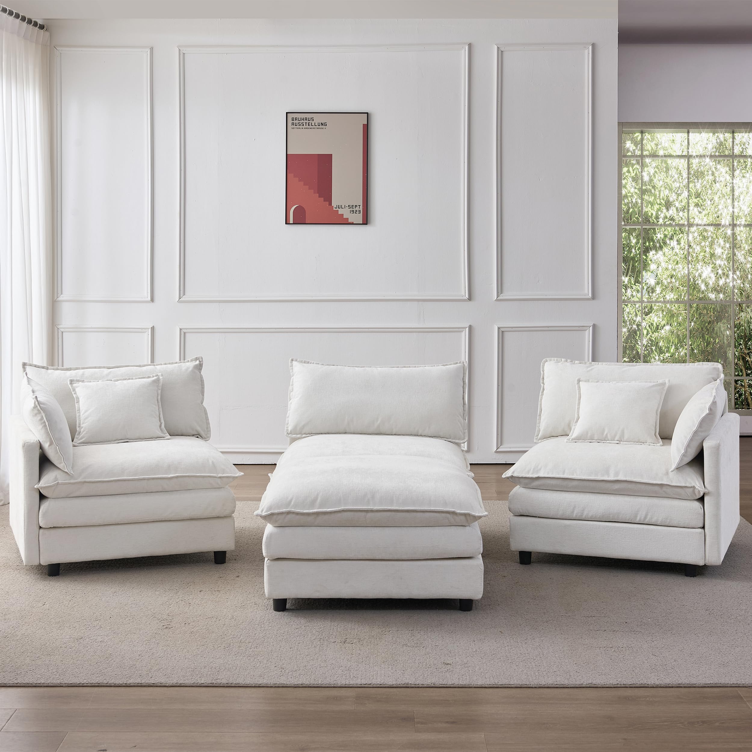 Muskel Sofá esquinero modular de chenilla premium, sofá de 3 plazas en forma de L con chaise longue y taburete, para apartamentos pequeños, sala de estar y salón, cómodo sofá de salón