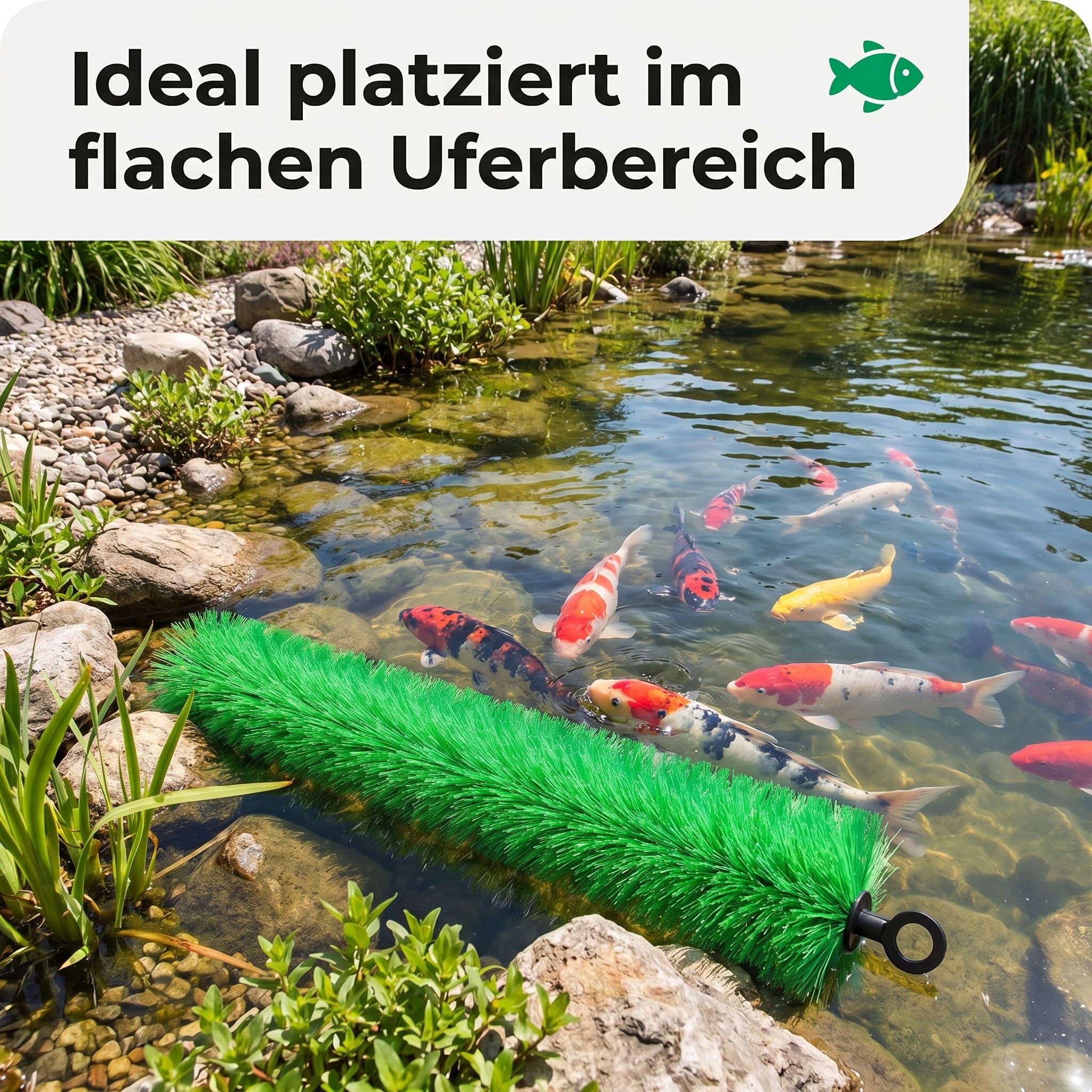 PondLife Laichbürste für Koi, flexible Ablaichhilfe für Teichfische, erweiterbar über Endösen, 200 cm Länge, Ø 14 cm, weiche PP-Fasern, rostfreier Drahtkern, Grün/Schwarz, Made in Germany
