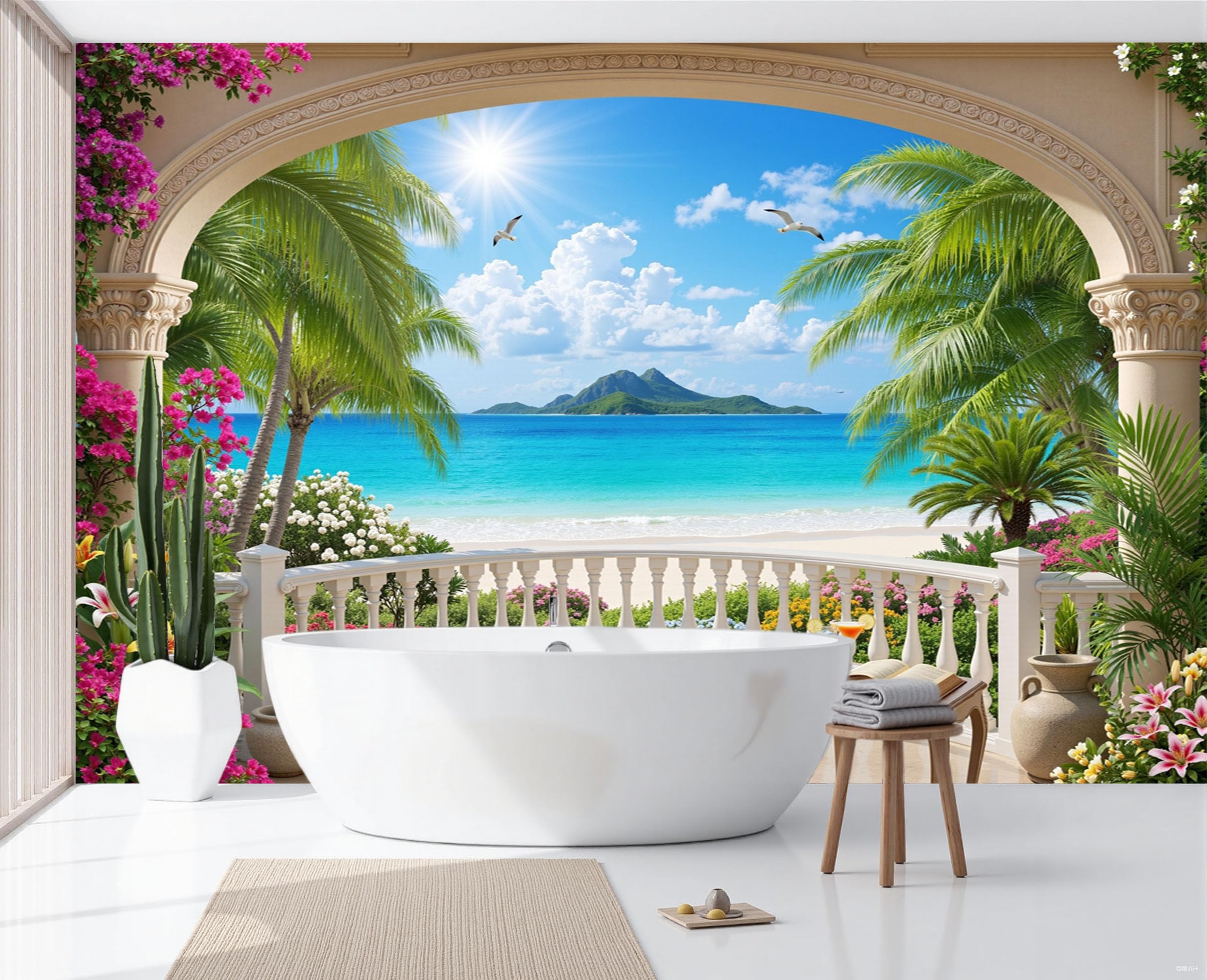 Papier Peint Panoramique Paysage Nordique En Terrasse 350X256Cm Murale Photo - Vacances Romantiques À La Plage Bleu Tapisserie Murales Papier Peint Intissé Pour Chambre Salon Fond Tv - Photo Muraux