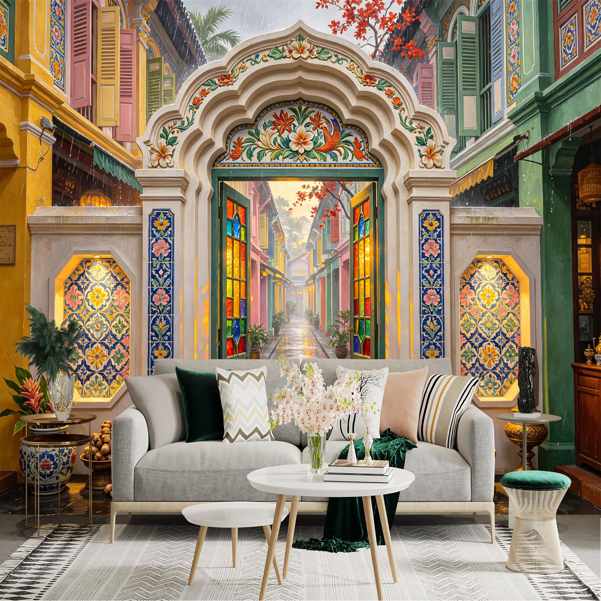 Lnzczhyre Bh260719105 Custom Size Wall Sticker Mural， Traditional Colorful Asian Architecture， Stained Glass Archway， Rainy Alleyway Scene， For Wall Decoration， Peelandstick Wall Decals.