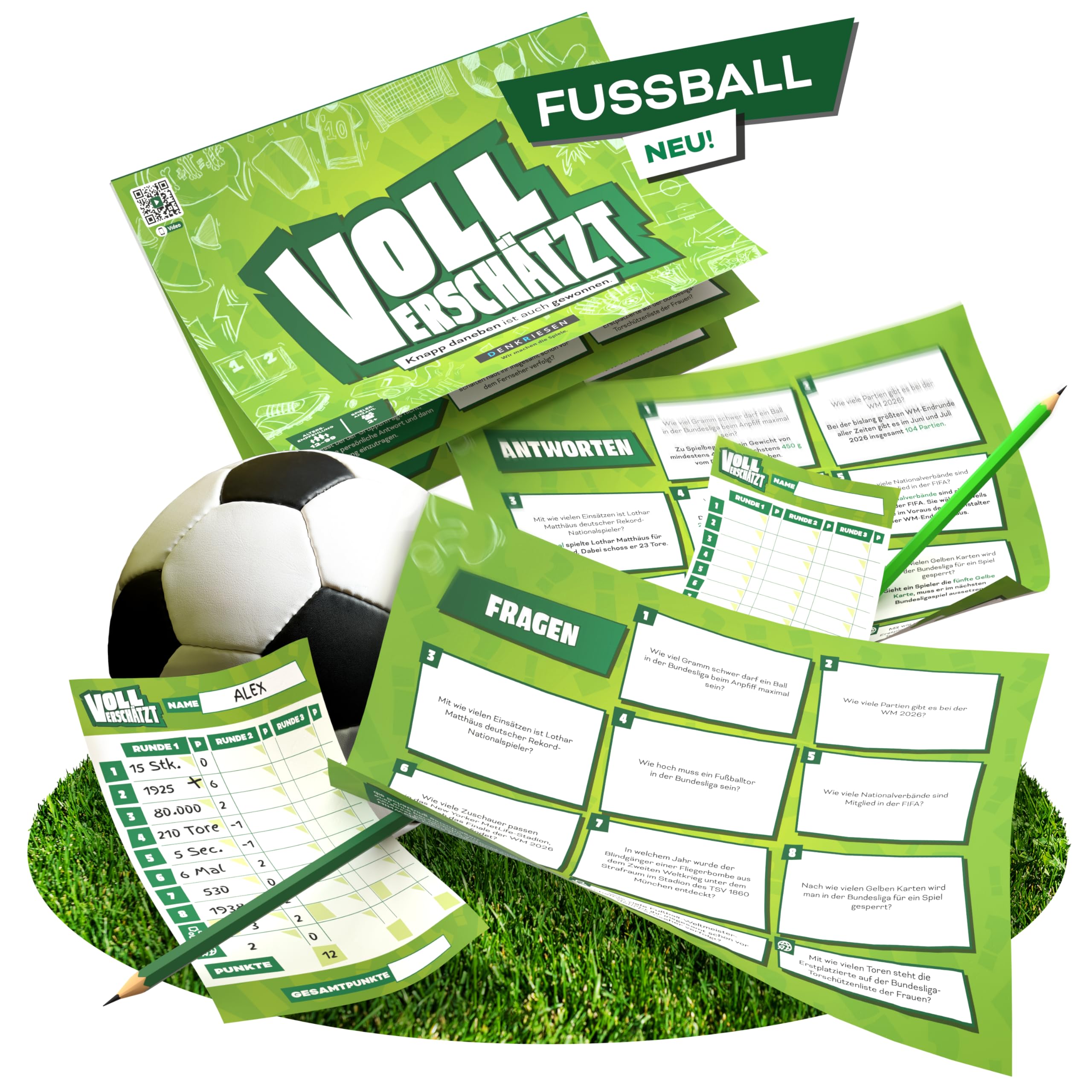 DENKRIESEN - VOLL VERSCHÄTZT! Fussball Edition | DIN A4 Block | Ab 12 Jahren | Schätzspiel & Familienspiel | Fragen ums Thema Fußball | Ohne Internet - Antworten mit auf dem Block | Fussballgeschenk