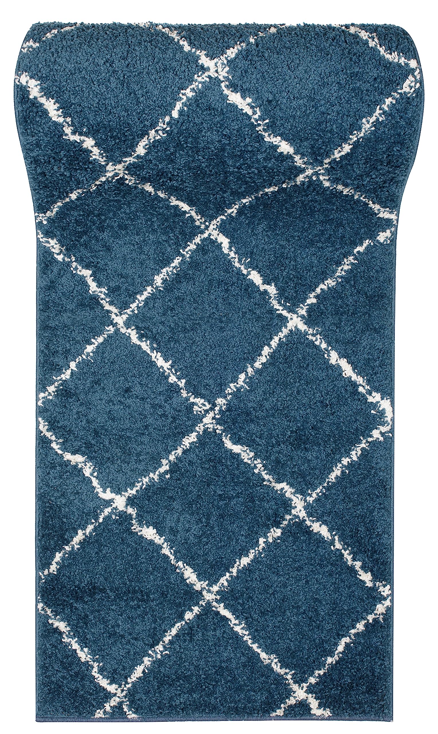 TAPISO Delhi Tapis Couloir Long Tapis au Mètre Tapis de Passage Poils Longs Tapis Salon Chambre Entrée Moderne Bleu Foncé Blanc Losanges Moelleux Oeko-TEX 60 x 120 cm