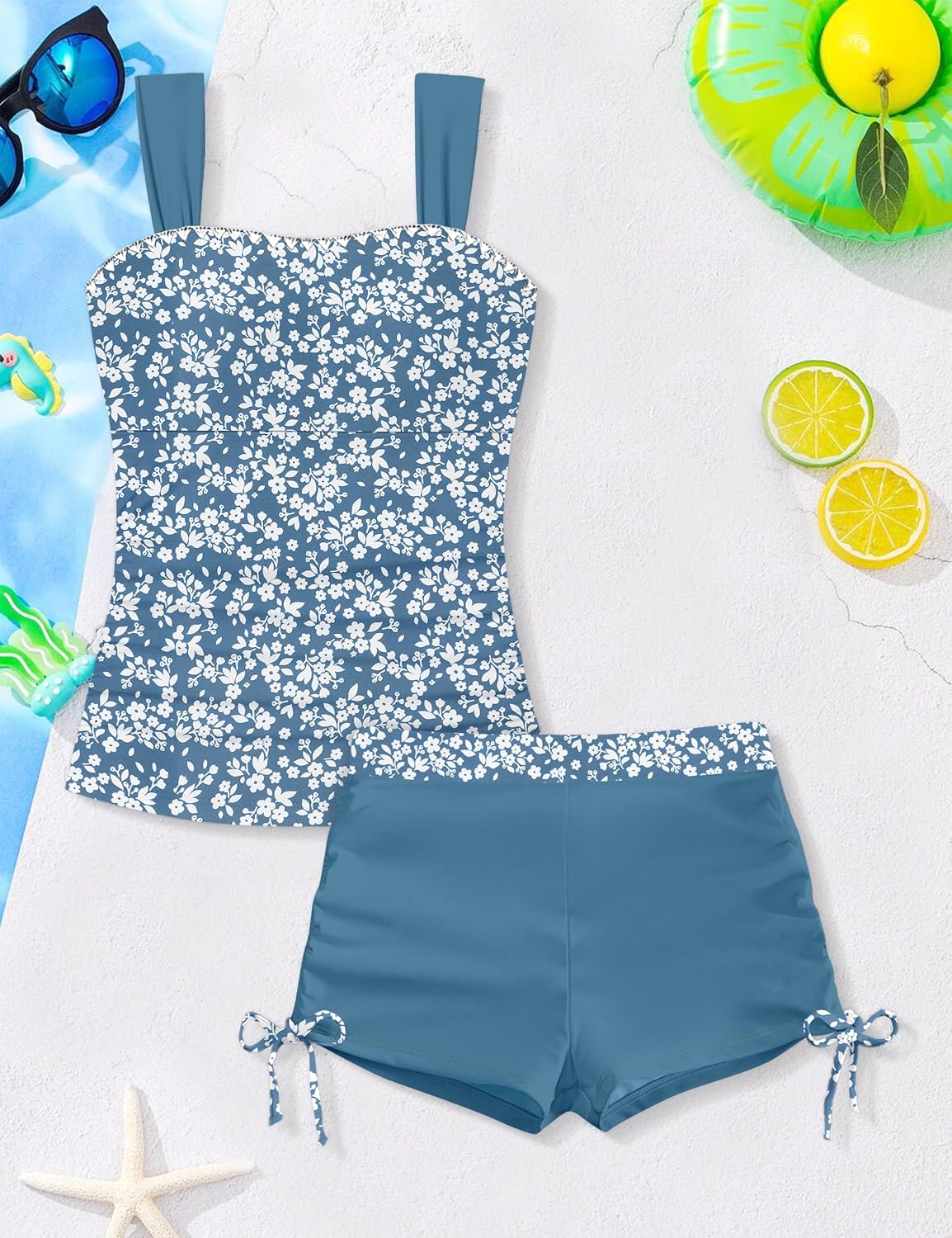 Girls Tankini Swimsuit 2 Piece Bathing Suits for Girls Square Neck Padded Swim Tank Top Drawstring Shorts for 9-16y