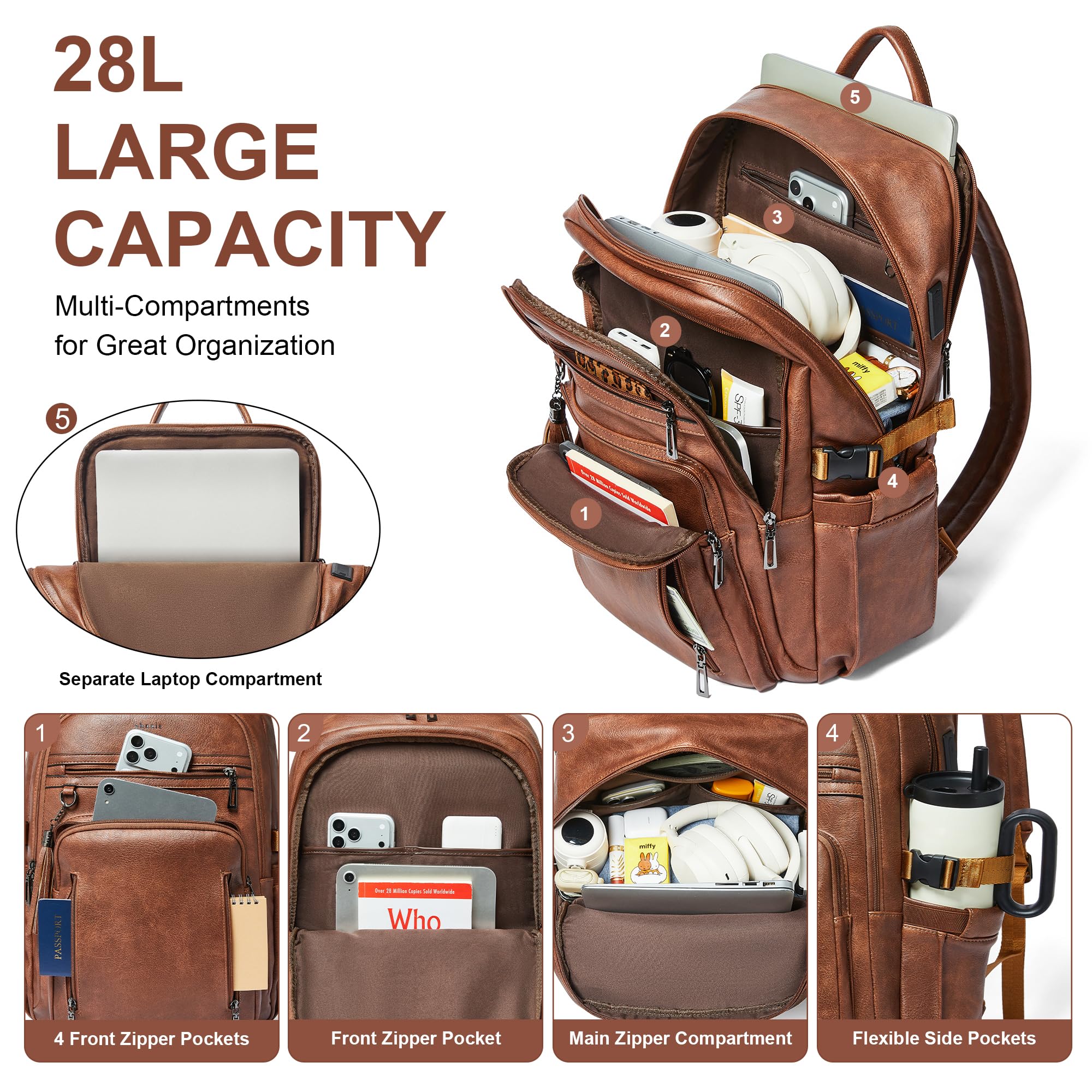 Shrrie Sac à dos en cuir unisexe 28L avec compartiment pour ordinateur jusqu'à 17". Port USB,Pochette RFID,idéal pourde voyage travail, études et week-end.
