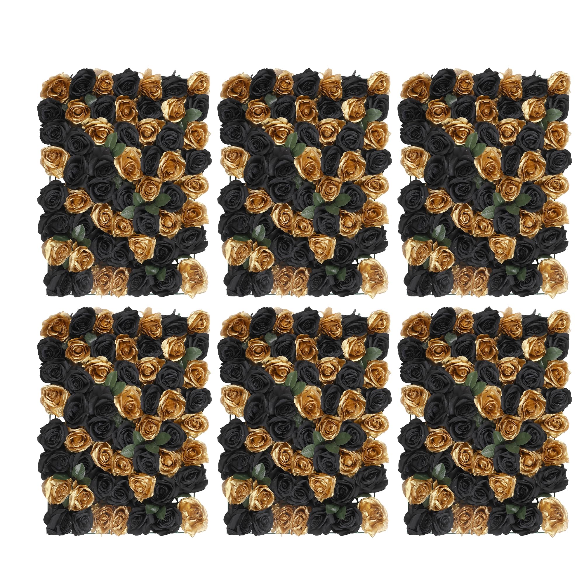 Trimming Shop Artificial Flowers Wall Panels Romantic Floral Backdrop for Wedding Birthday Party Photography Background, 60cm x 40cm, Black & Champagne Gold Roses with Leaves, 6pcs