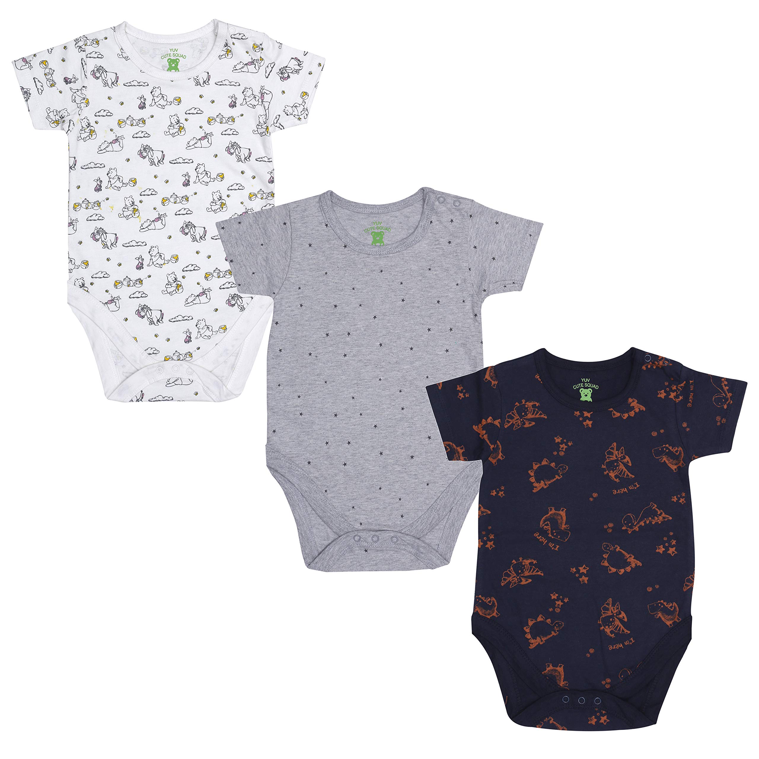 YUVBaby Boy's and Girl's Pack of 3 Multi-Coloured 100% Cotton Printed Onesie/Romper - 0 to 12 Months