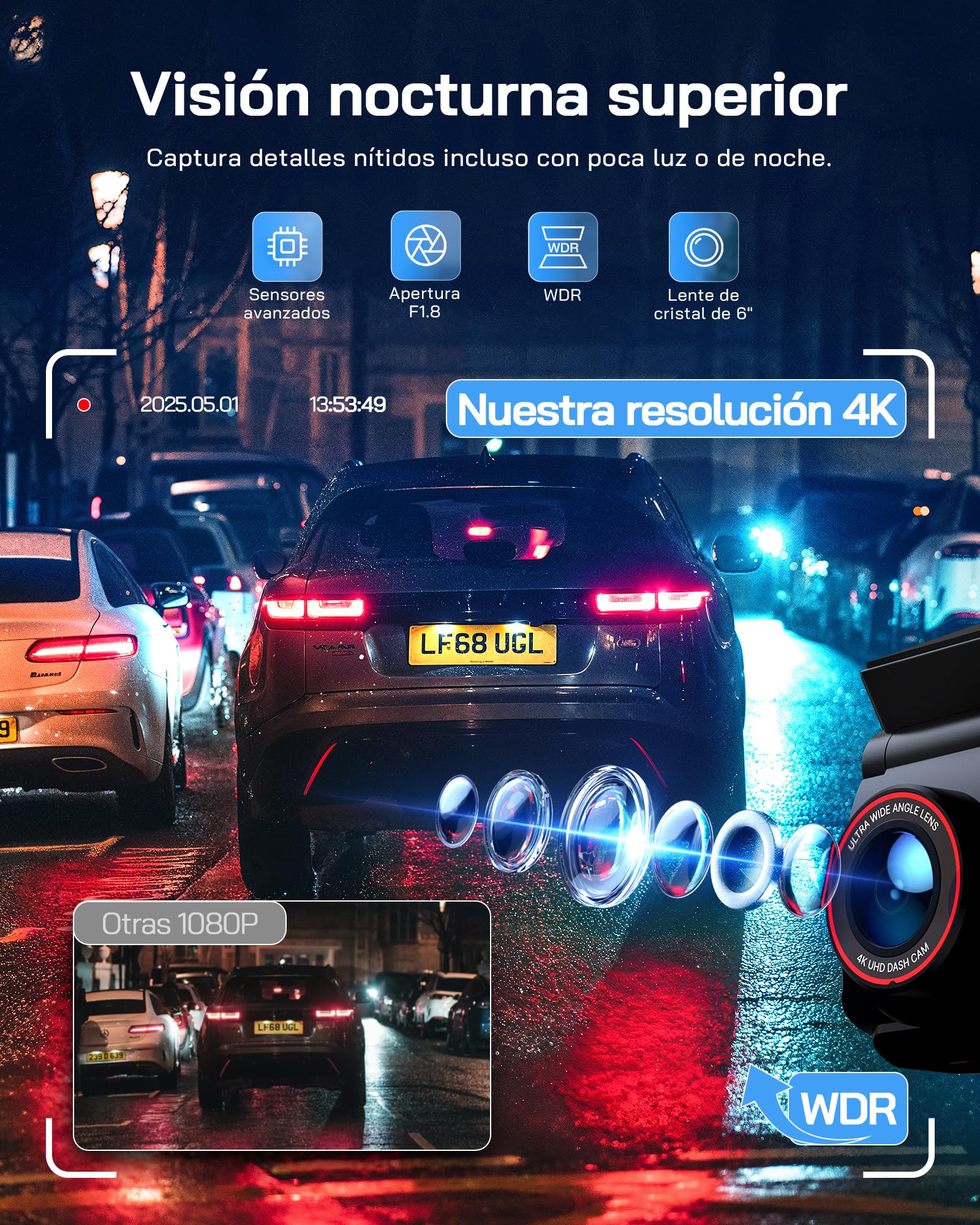 WOLFANG 4K Dashcam WiFi Dash Camera para Coches Delantera y Trasera,Cámara para Coche 2160P Dashcam con App, 3" IPS, Visión Nocturna, Grabación en Bucle, Sensor G,WDR, Soporta Modo Parking 24H