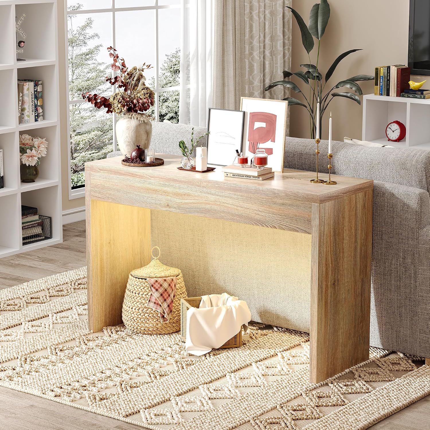 TIQLAB Console Table, Entryway Table with LED Light, 44 Inches for Living Room, Bedroom, Maple
