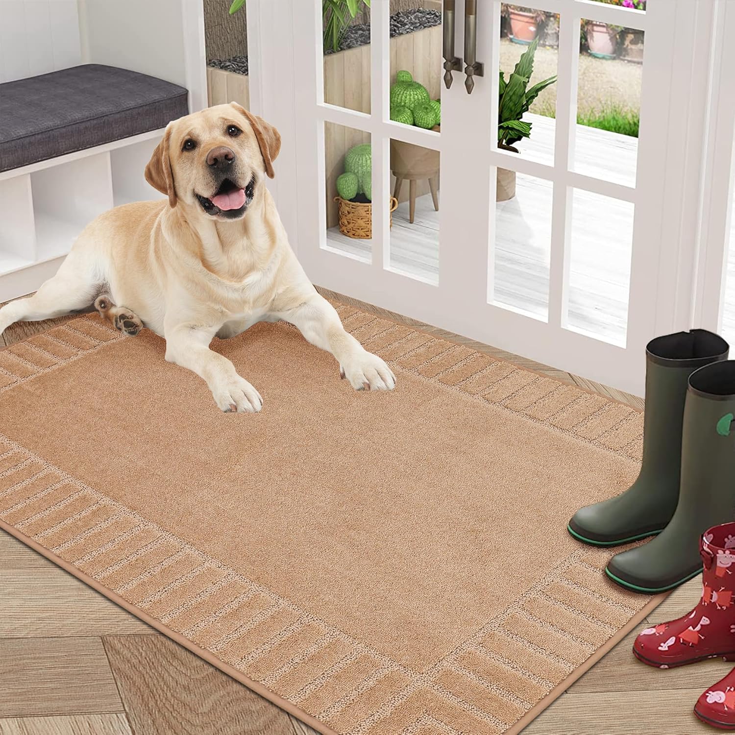 BEQHAUSE Doormat Outside Non-Slip Indoor and Outside Grime Trapper Mat Washable Entrance Rug Absorbent Door Mat Rug for Entrance, Hallway, Backyard (Beige, 80 x 120 cm)