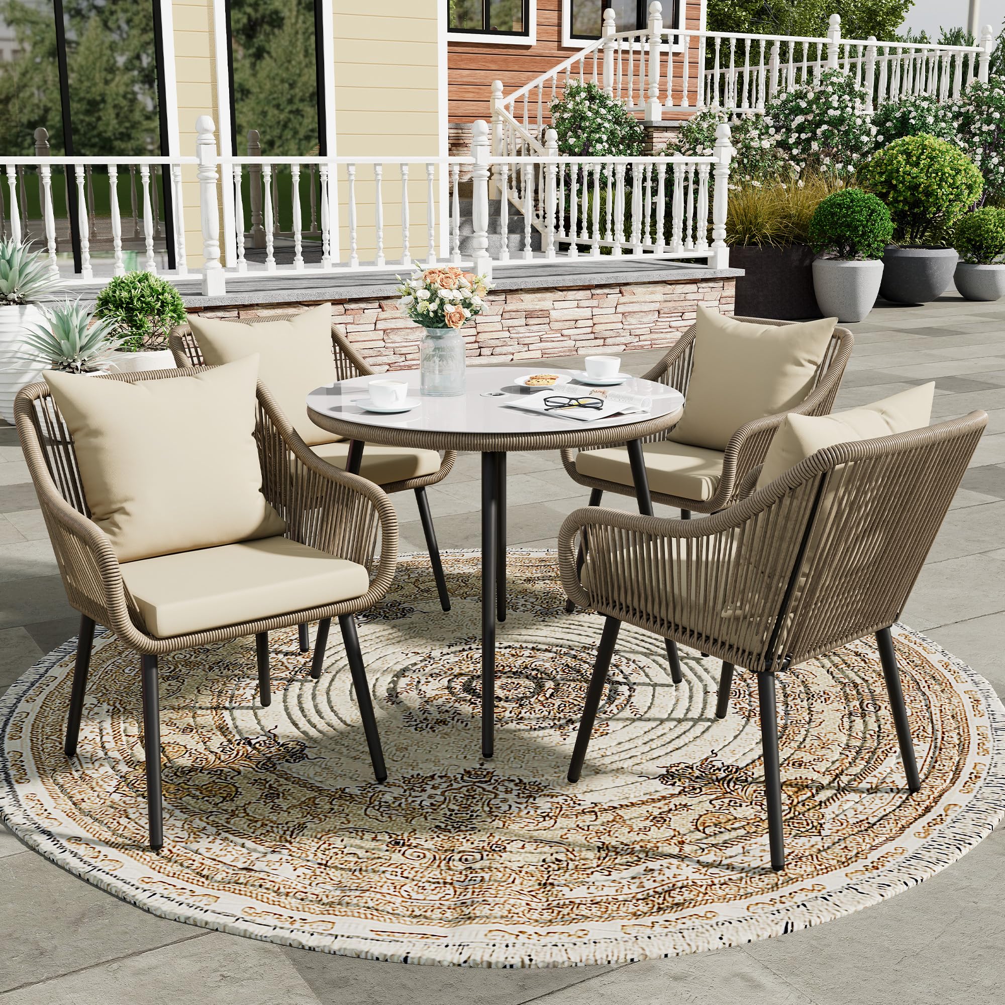 Wisteria Lane 5-Piece Patio Dining Table Set, All Weather Twisted Rattan Furniture Set with Cushions, Outdoor Dining Table Chair Set with Umbrella Hole, Ideal for Backyard Balcony Deck Garden, Beige