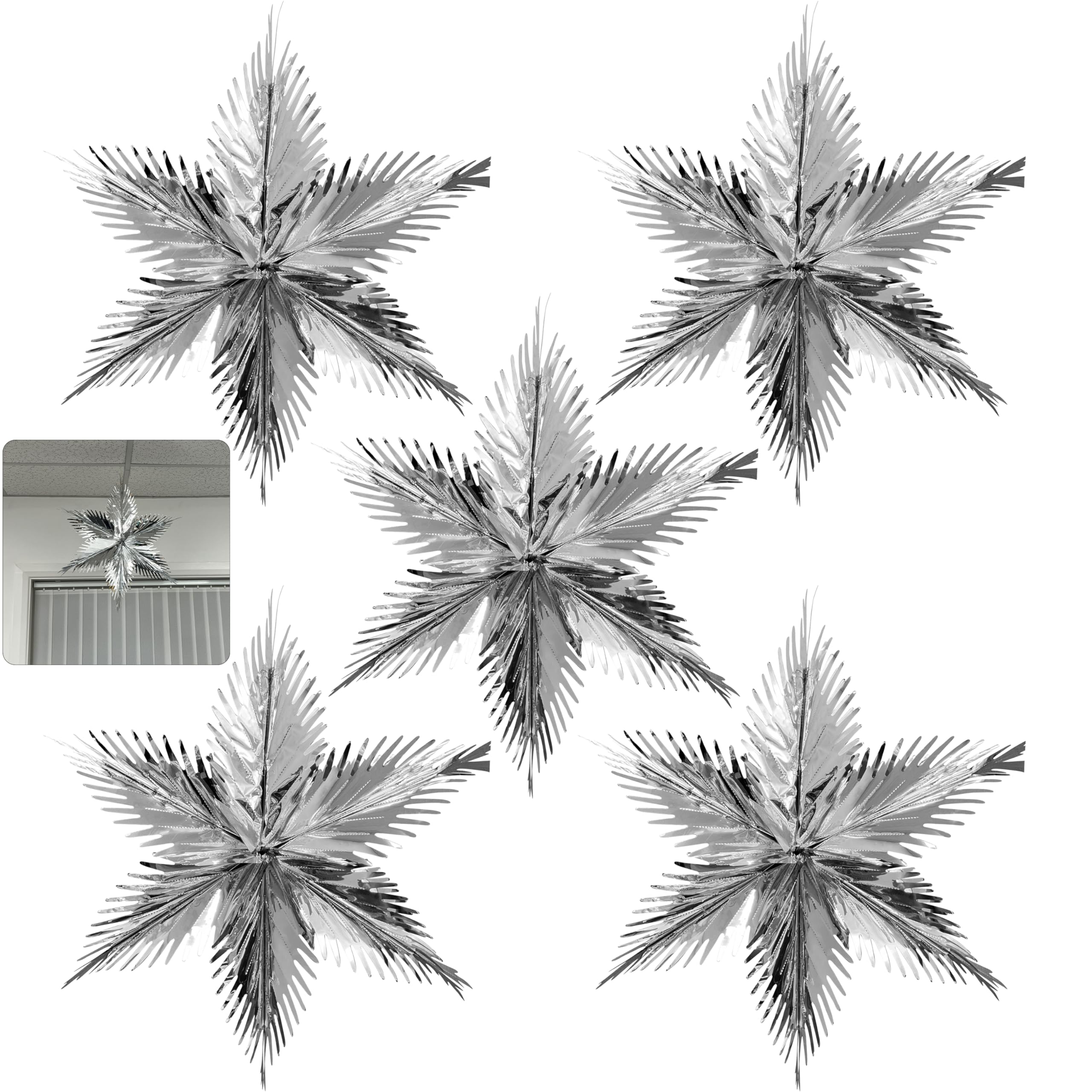 HOVUK 5Pcs Christmas Foil Ceiling Decorations Hanging, Indoor Outdoor Xmas Decorations for Door and Window (Silver Foil Starburst- 60cm)