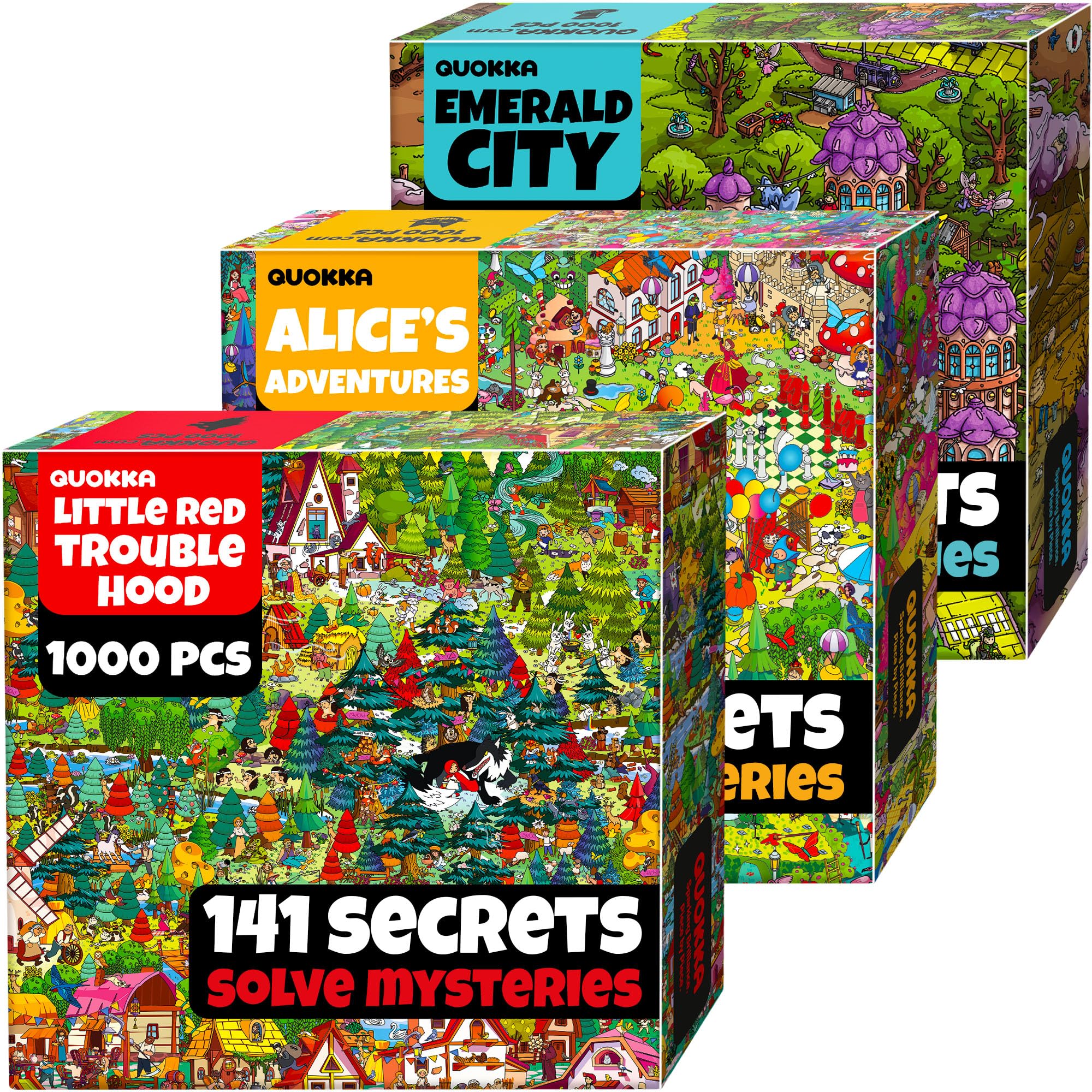 QUOKKA 1000 Piece Puzzle for Adults Set of 3 Fairy Tales – Alice in Wonderland, Emerald Kingdom & Red Riding Hood – Jigsaw Puzzles for Adults 1000 Pieces Hidden Secrets & Audio Story – Creativity Gift