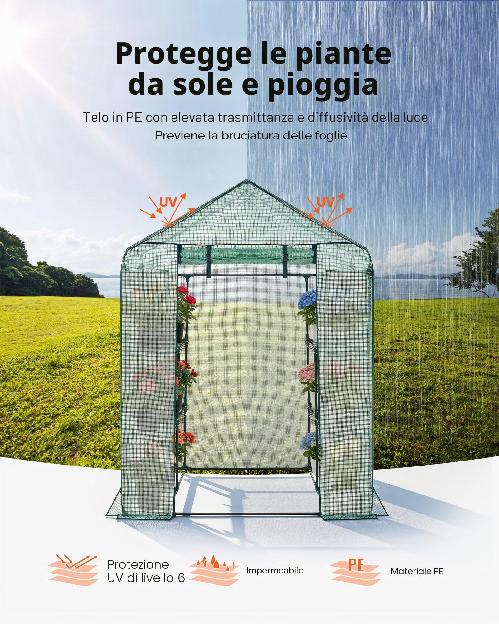 VEVOR Serra Portatile con Ripiani Telone in PE Porta Arrotolabile 141 x 141 x 200 cm Carico Massimo 15 kg da Giardino Cortile Terrazza Struttura Pieghevole, Serra con Ripiani per Piante Fiori Verdure