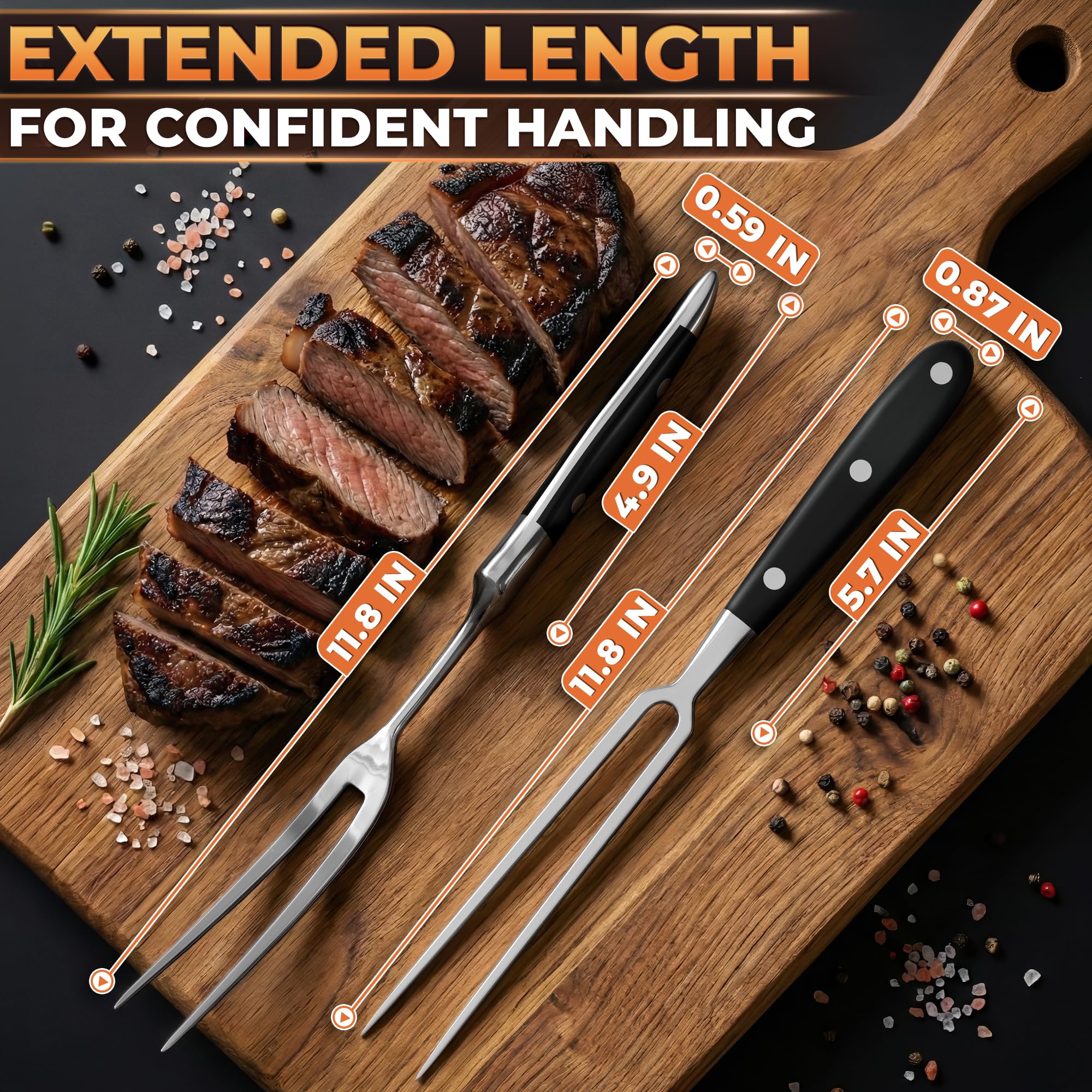 2 tenedores para trinchar carne, tenedor de carne de acero inoxidable con mango resistente al calor para asar, cocinar, servir, utensilios de tallado rectos y curvados fáciles de limpiar con diseño