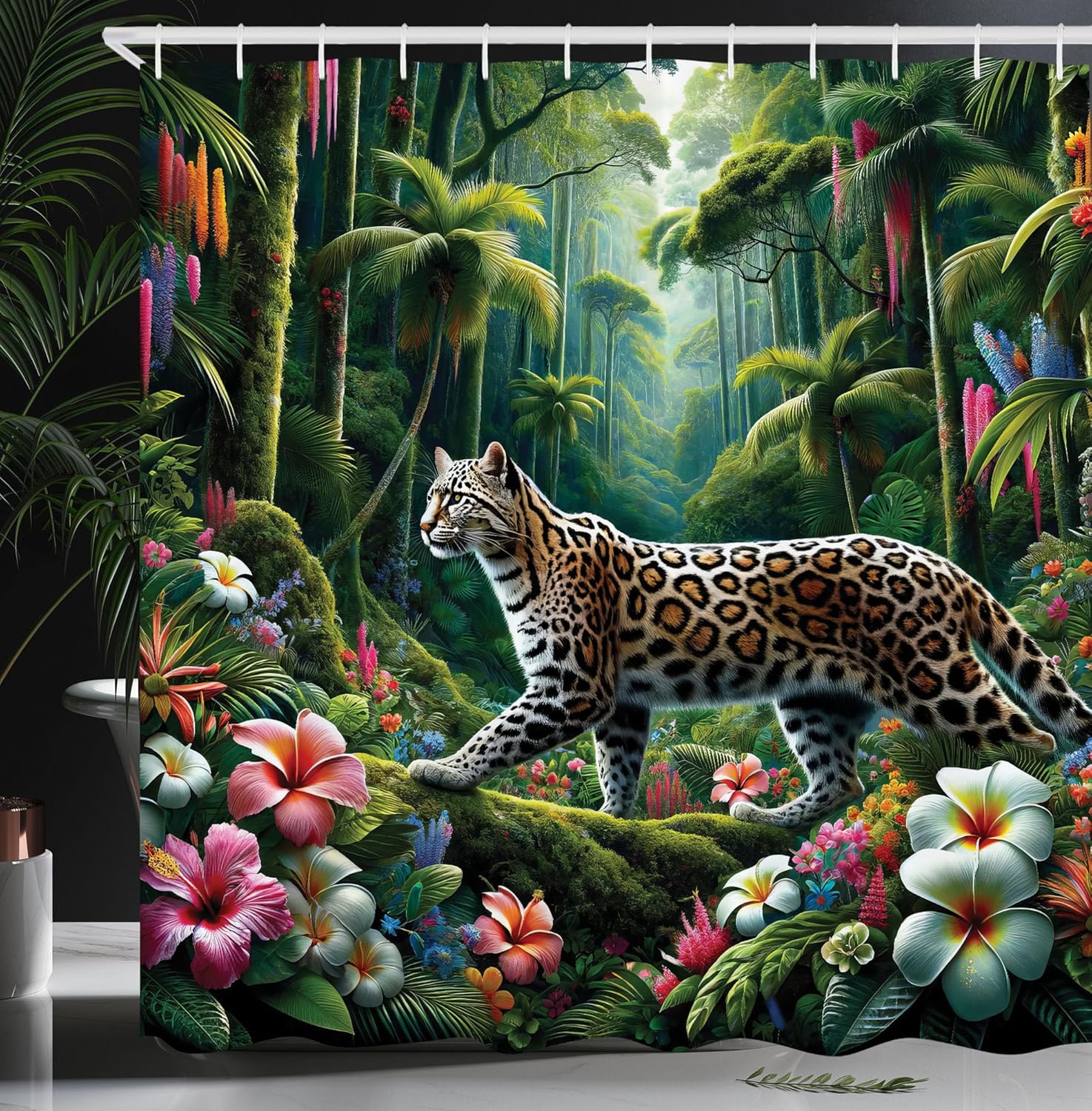 Ambesonne Cat Shower Curtain, Wild Leopard in a Colorful Floral Jungle Rainforest Palm Tees Exotic Concept, Cloth Fabric Bathroom Decor Set with Hooks, 69" W x 75" L, Green and Multicolor