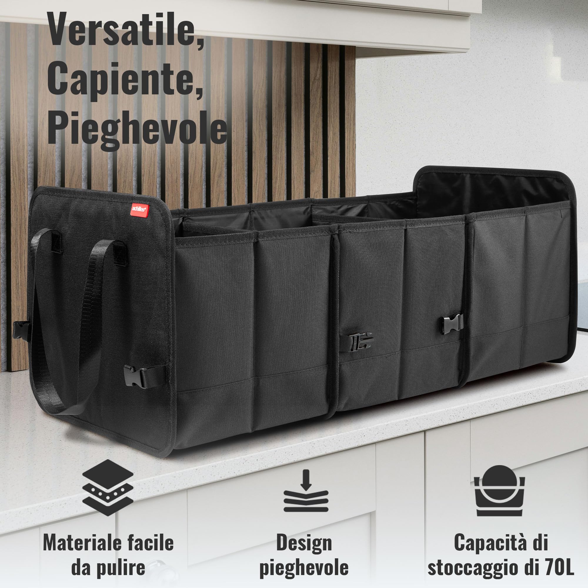 achilles Organizer Bagagliaio Auto Pieghevole - 71L Organizer Bagagliaio - 3 Scomparti Regolabili Organizer Compatto per l'Auto - Nero - 74x33x30 cm