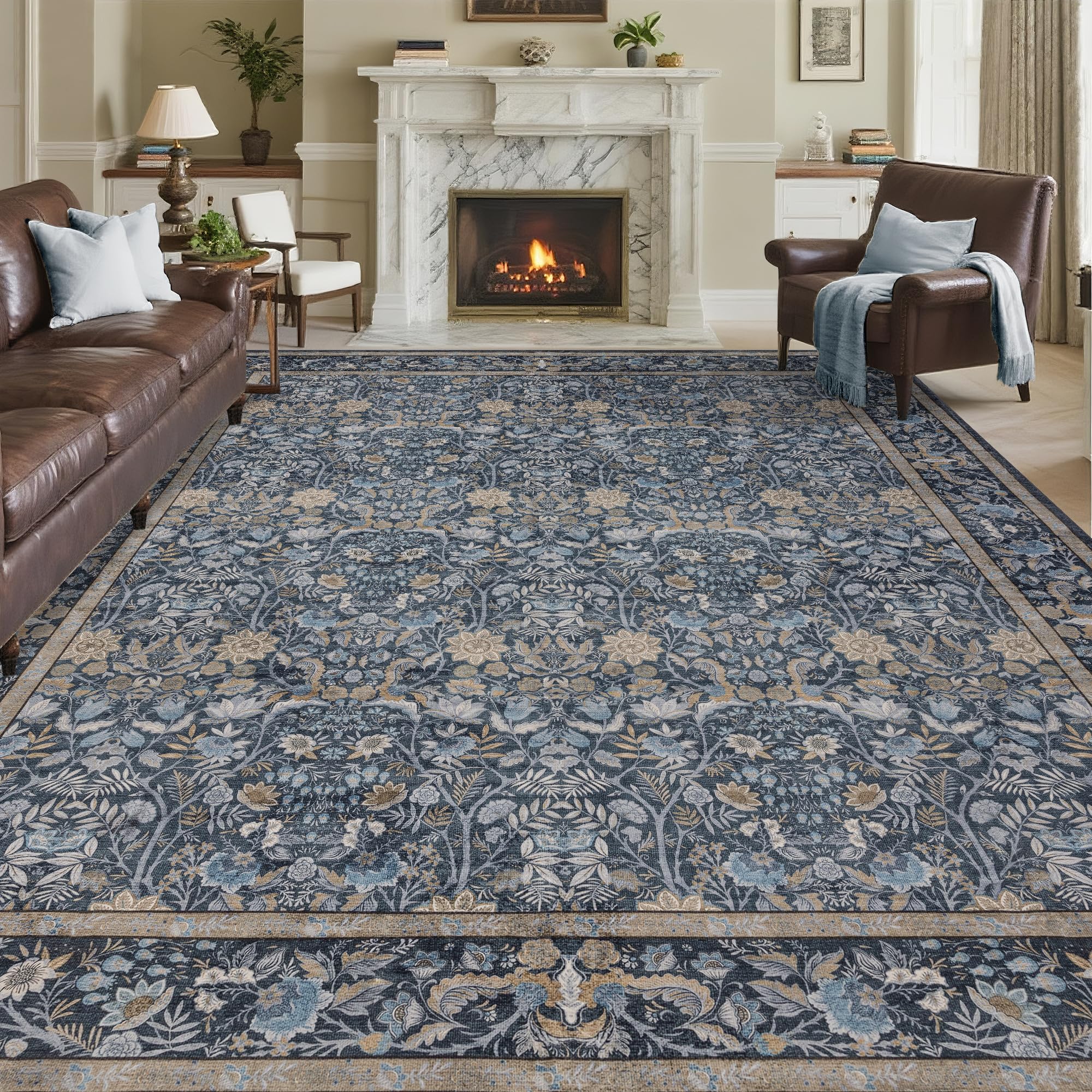 Ruicharm Washable Living Room Rug: 8x10 Boho Floral Soft Area Rug for Bedroom Decor - Vintage Low Pile Thin Carpet for Dining Room Non-Slip -