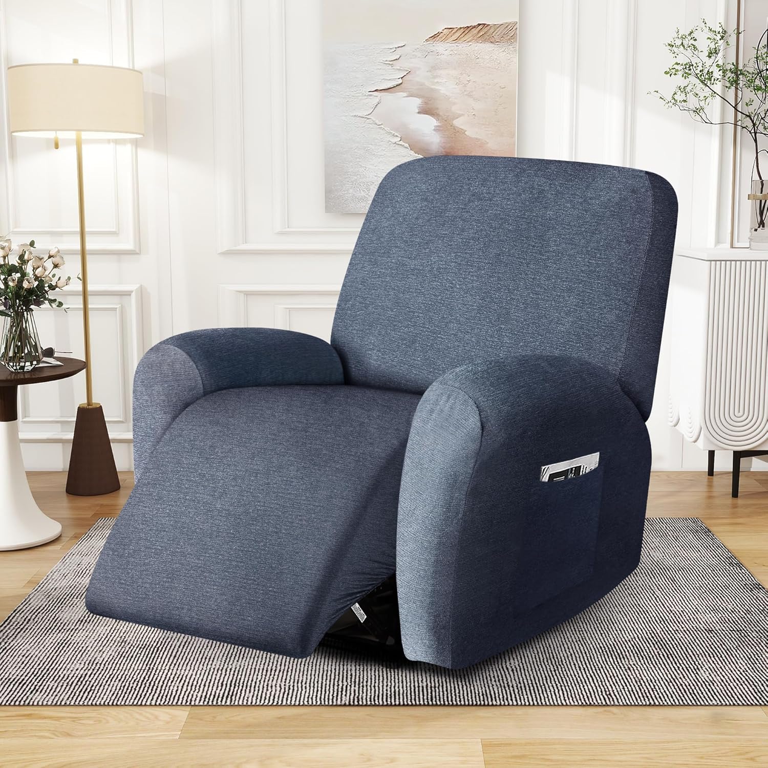 Recliner Chair Covers 4 Piece Stretch Couch Covers Recliner Slipcovers Couch Furniture Protector with Stripe Jacquard Sofa Cover Washable for Pets (Blue Grey)