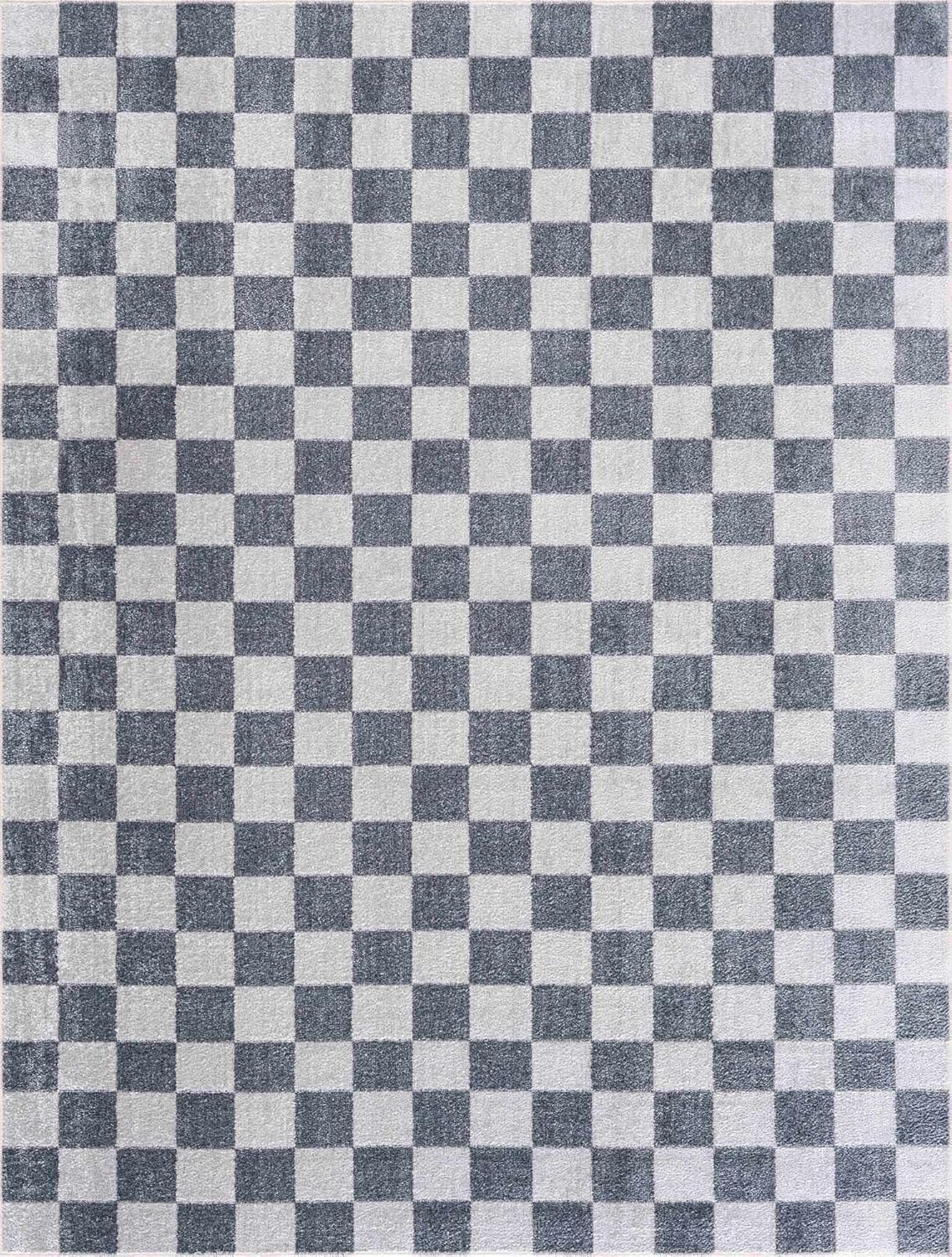 BoutiqueRugs Alia Gray Modern Checkered Area Rug - Contemporary Geometric Carpet for Hallway, Nursery, Playroom, Girls Boys Room - Machine Washable - Ivory, Blue, Gray - 5'3" x 7' (5x7)