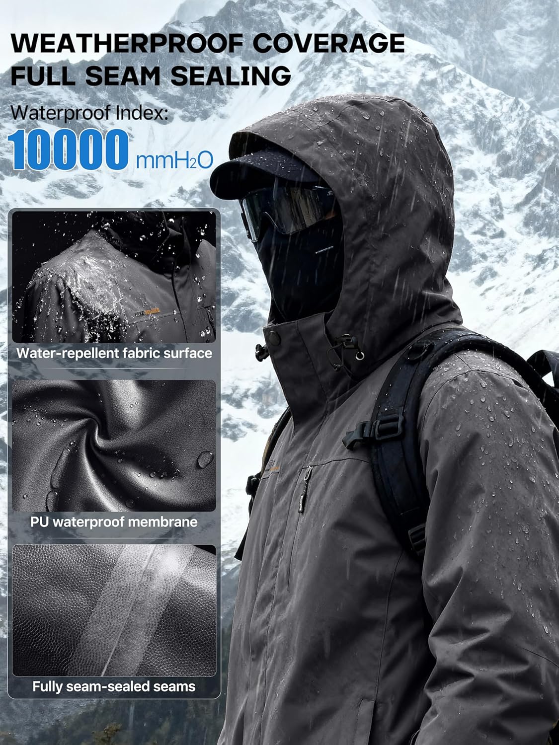 FREE SOLDIER Men's Waterproof Ski Snow Jacket Fleece Lined Warm Winter Rain Jacket with Hood Fully Taped Seams - Image 4