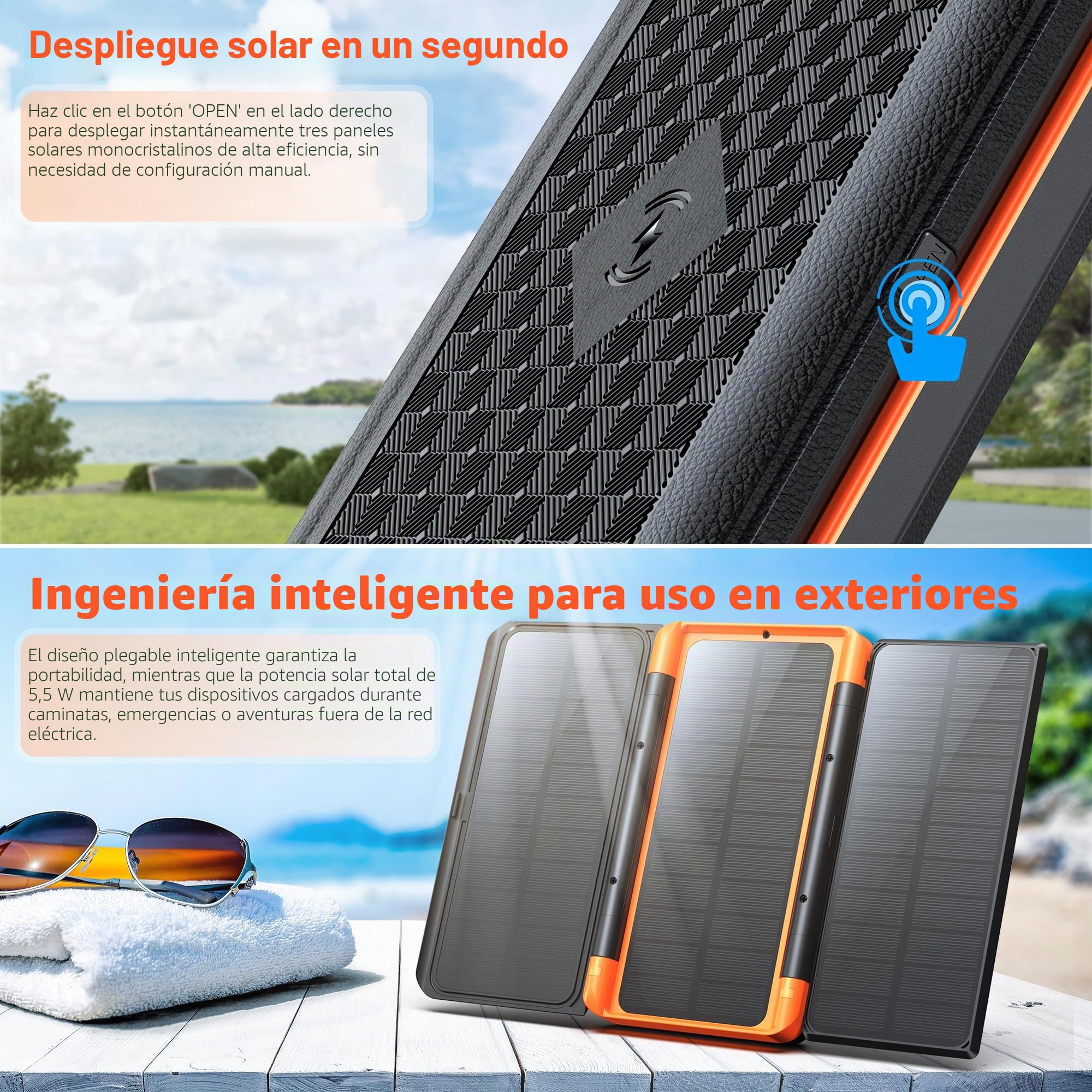 63200mAh Power Bank Solar 3 Paneles Solares Batería Externa de PD 22,5W Carga Rápida con USB-C Carga Inalámbrica Linterna SOS,Pantalla Digital, Ideal para Camping al Aire Libre