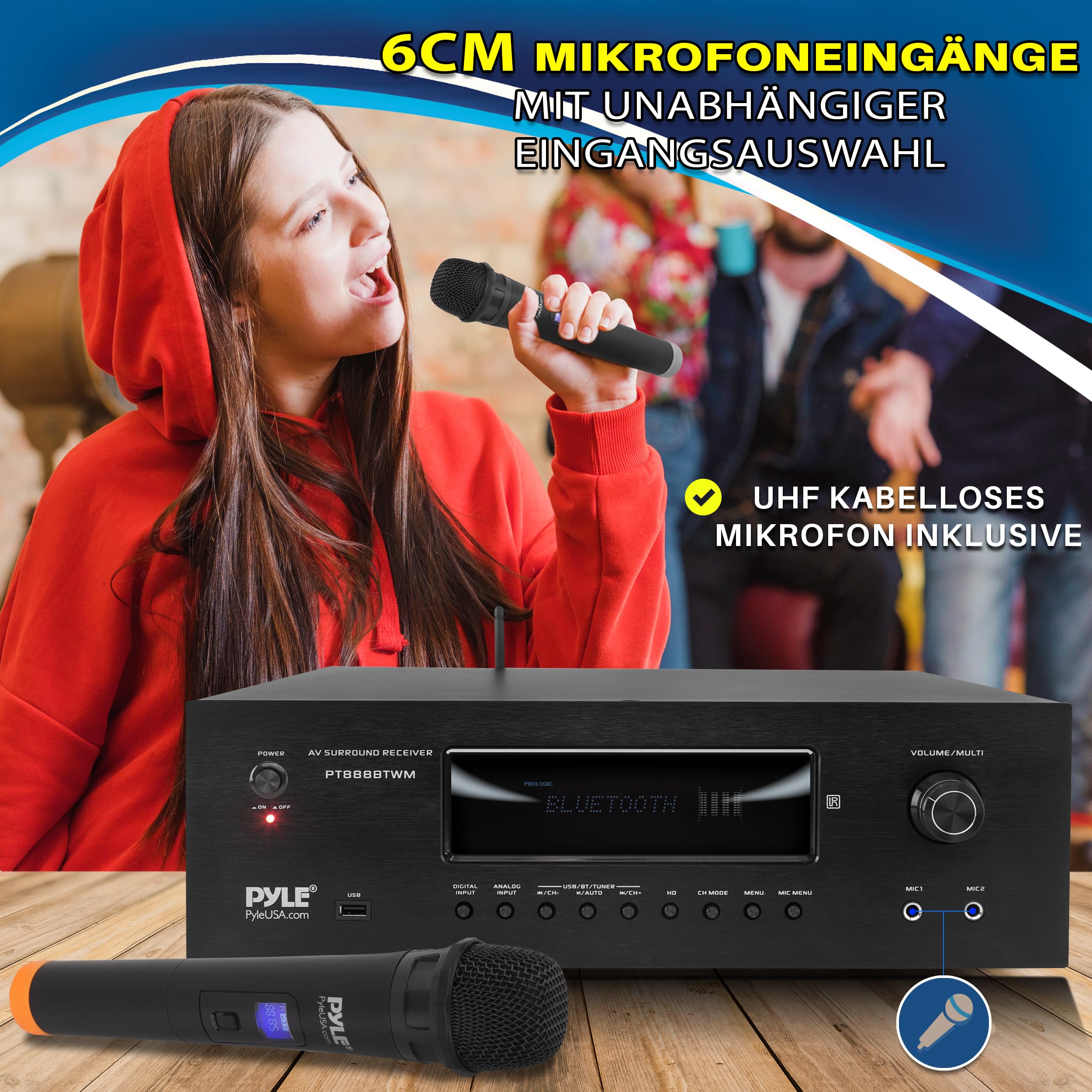 Pyle AV-Receiver 5.2 Kanal HiFi Verstärker mit Bluetooth HDMI ARC 4K Pass-Through 1000W 2 UHF-Funkmikrofone Heimkino