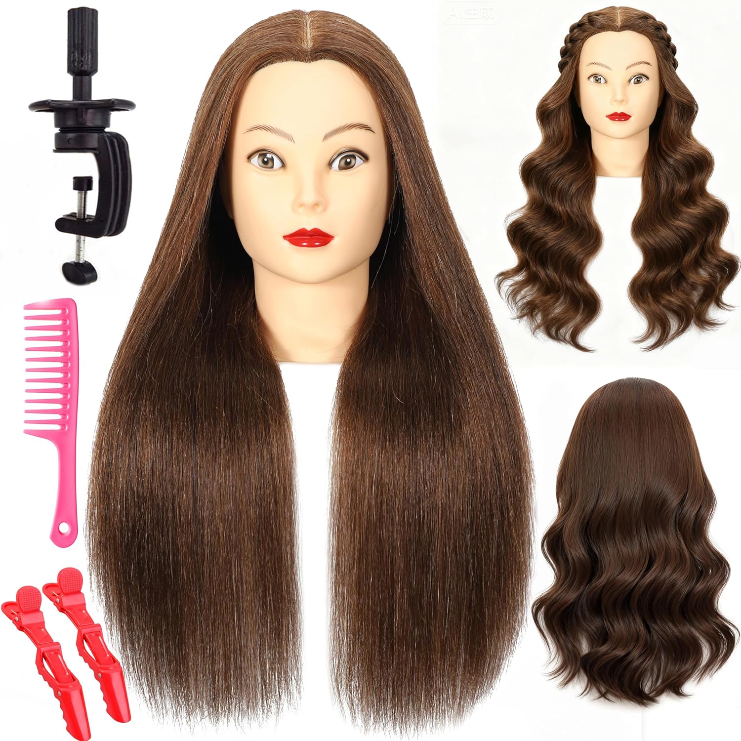 Mannequin Head with 100% Real Hair, 20"Nature Brown Cosmetology Manikin Head Hair Styling Hairdressing Practice Styling Training Doll Heads with Clamp Holder clips and comb