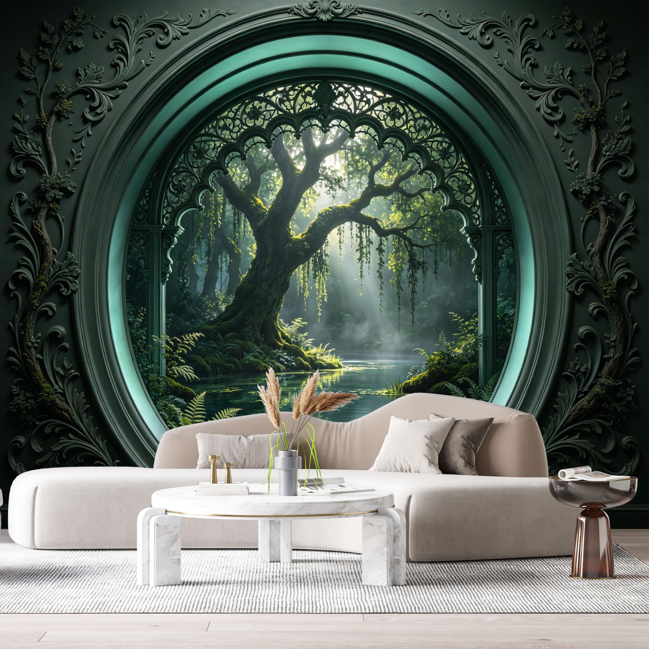 Custom Size Wall Murals Fantasy Forest Ancient Tree Mystical Stream 3D Trompe L'Oeil SelfAdhesiveWall Fabric Removable Wallpaper Wall Decor for Living Room Bedroom Bathroom