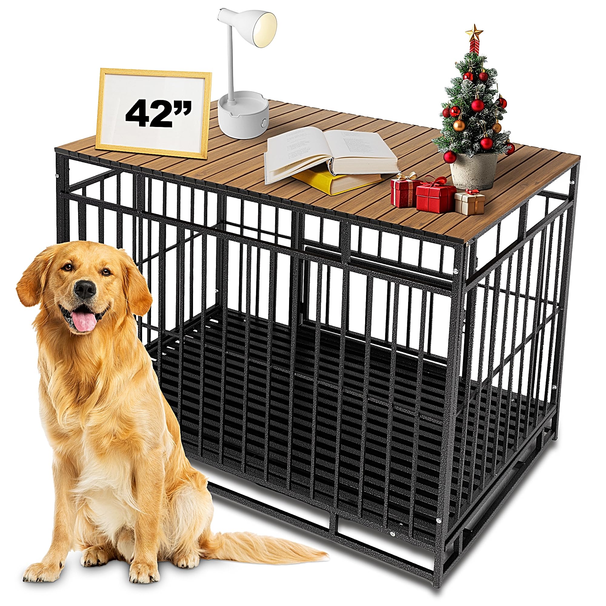 Petmystify Dog Crate Topper with Magnets for 42 Inch Crate - Aluminum Foldable Dog Kennel Topper Decorative Storage Pet Crate Table Walnut (Only Topper)