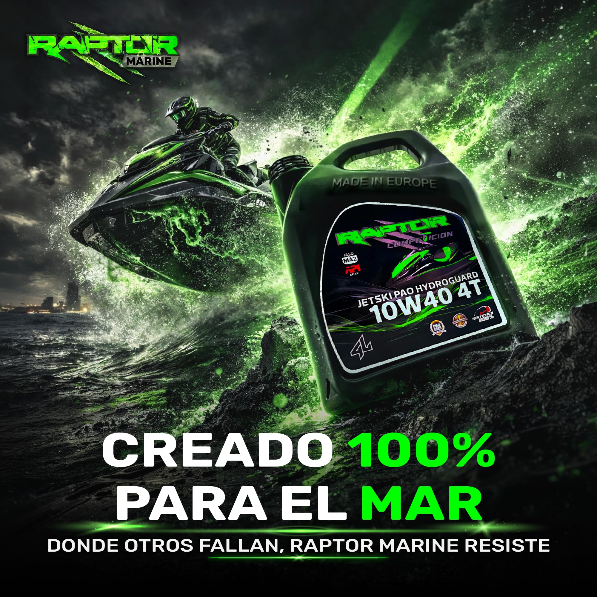 Raptor Marine - Aceite Jet Ski 10W40 PAO 100% Sintético Hydroguard | 4L | Moto de Agua PWC 4T | Alta Temperatura | Anticorrosión | API SP, JASO MA2