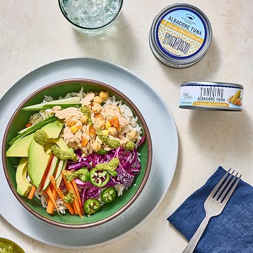 Miniatura 7 de Tonnino Atún Albacora - Trozos premium en agua con garbanzos, maíz y zanahorias - Paquete de 12 - Alternativa al salmón - Snacks proteicos - Comidas