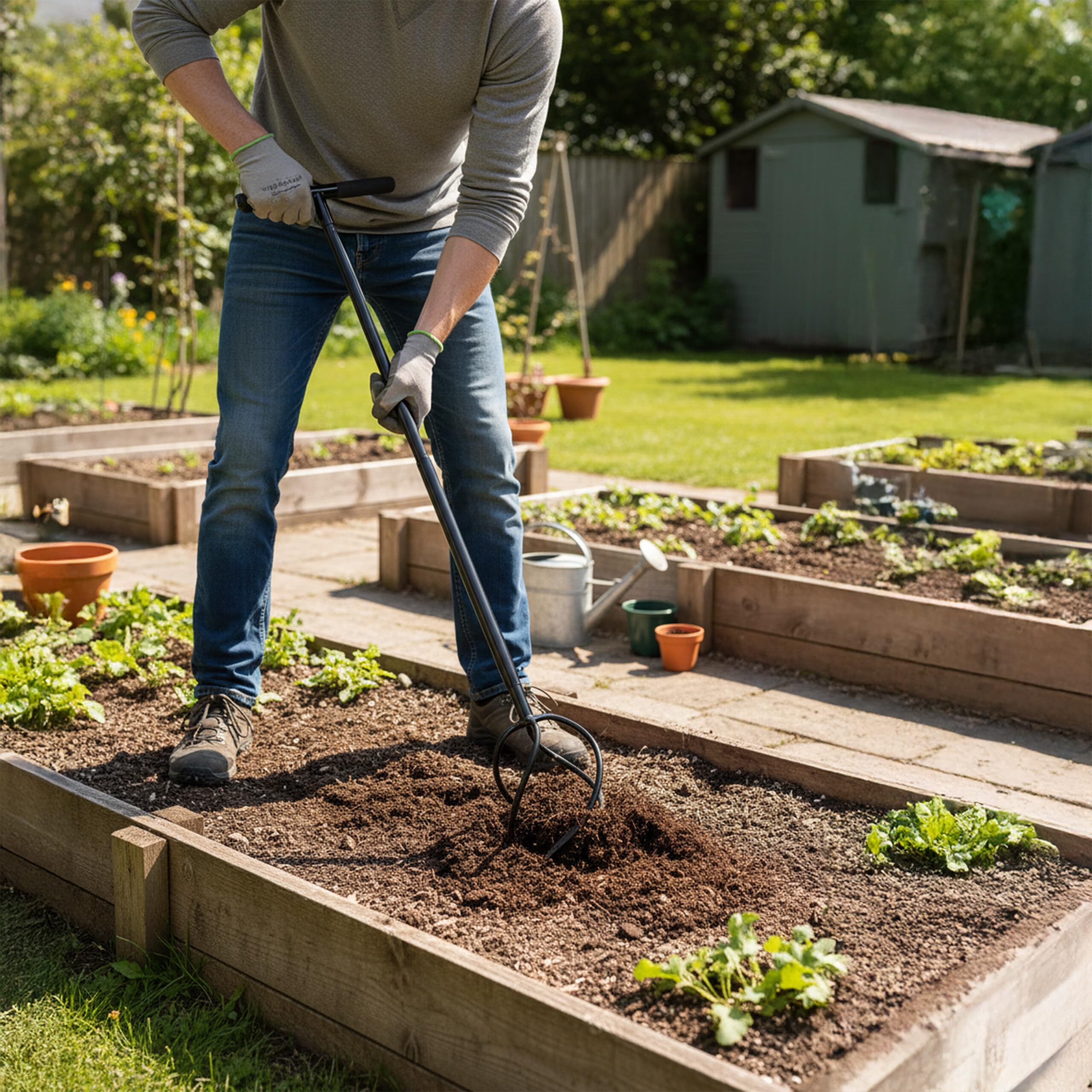Relaxdays Gartenkralle mit Stiel, 4 Zinken, rutschfeste Griffe, 100 cm hoch, Unkrautstecher & Kultivator, Stahl, schwarz