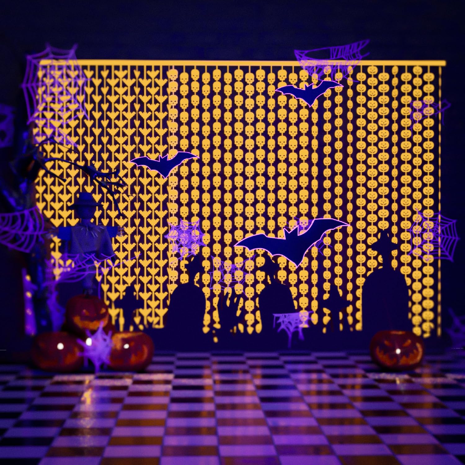 ハロウィンパーティーデコレーション、ネオンオレンジパンプキンバットスケルトンホイルフリンジカーテン3枚パックグローフォト背景ストリー