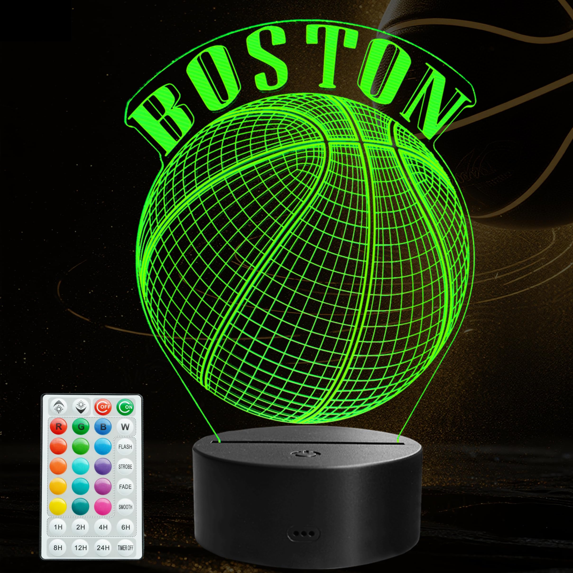 Basketball Night Light, Boston Gifts for Boy, 3D Illusion Lamp with Remote Control, 16 Colors Changing, RGB Flashing Mode and Dimmable, Gifts for Boys Christmas Decor (Boston)